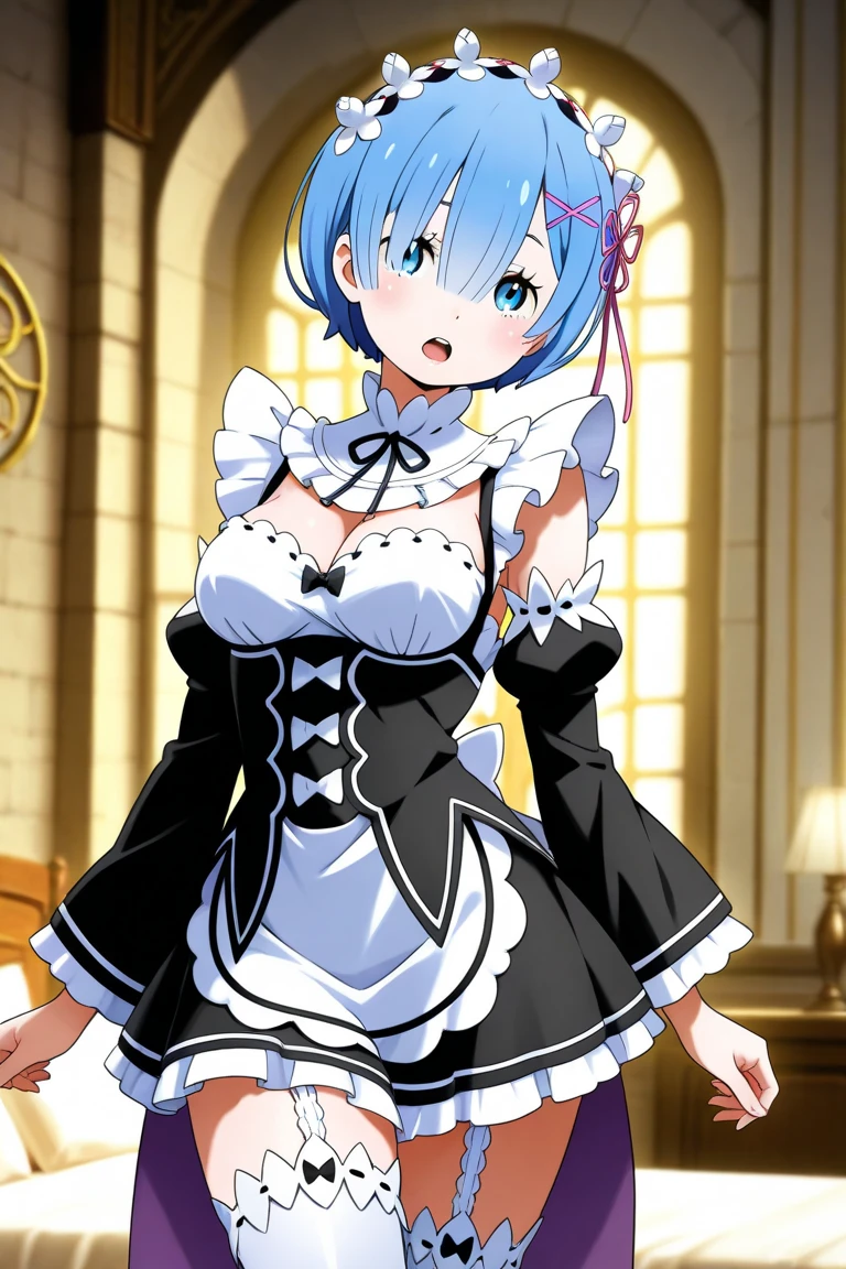 (masterpiece:1.3), (best quality:1.1), (8k, ultra detailed, ultra high res:1.1), (anime style), perfect 5 fingers, perfect anatomy,
1girl,
short hair,
blue hair,
blue eyes,
maid headdress, ribbon, x hair ornament,
large breasts,
BREAK maid uniform, black unuform, detached sleeves, white tights,
smile,
looking at viewer,
cowboy shot,
BREAK outdoor, forest, dynamic pose,