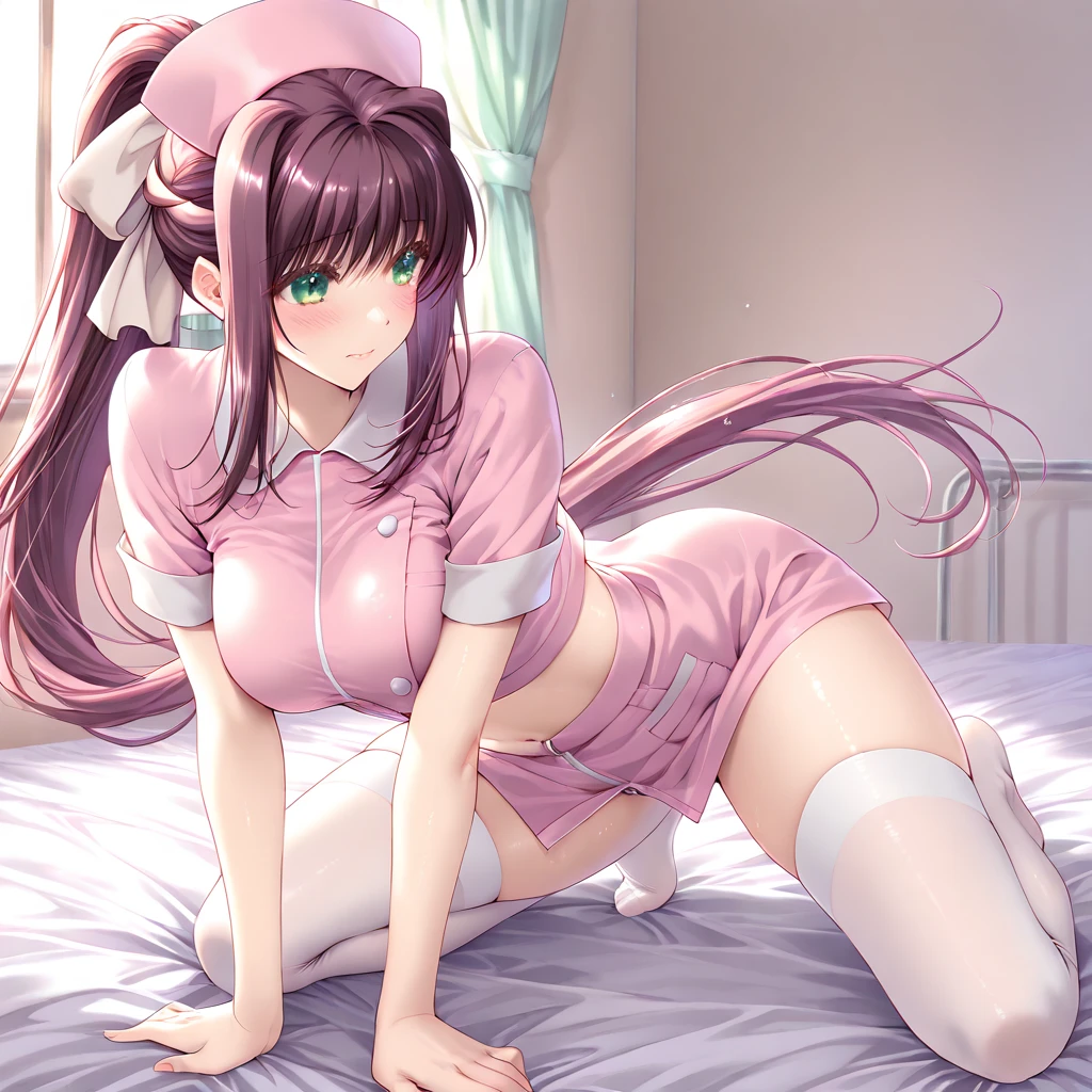 top-quality、Full limbs、complete fingers、((Three Slender Beauties))、straight haired、Brown hair、((Pink Nurse Leotard))、Pink nurse hat、White pantyhose、hospitals、Hospital Room、Patient bed、A big smile、Kneeling on the bed、((harems))