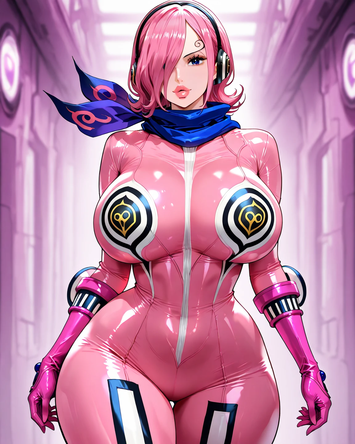 (masterpiece, Highest quality, Ultra-high resolution), 1girl, Komeiji Satori, pink hair, short hair, pink eyes, Headband, huge breasts, large areolae, (dark pink latex bodysuit), The clothes fit perfectly, pink latex has a strong metallic sheen, Glossiness, shiny, whole body slimy, Sweat, Stuffy, steamy, Glossiness, looking down, Emotionless face, NSFW, R-18