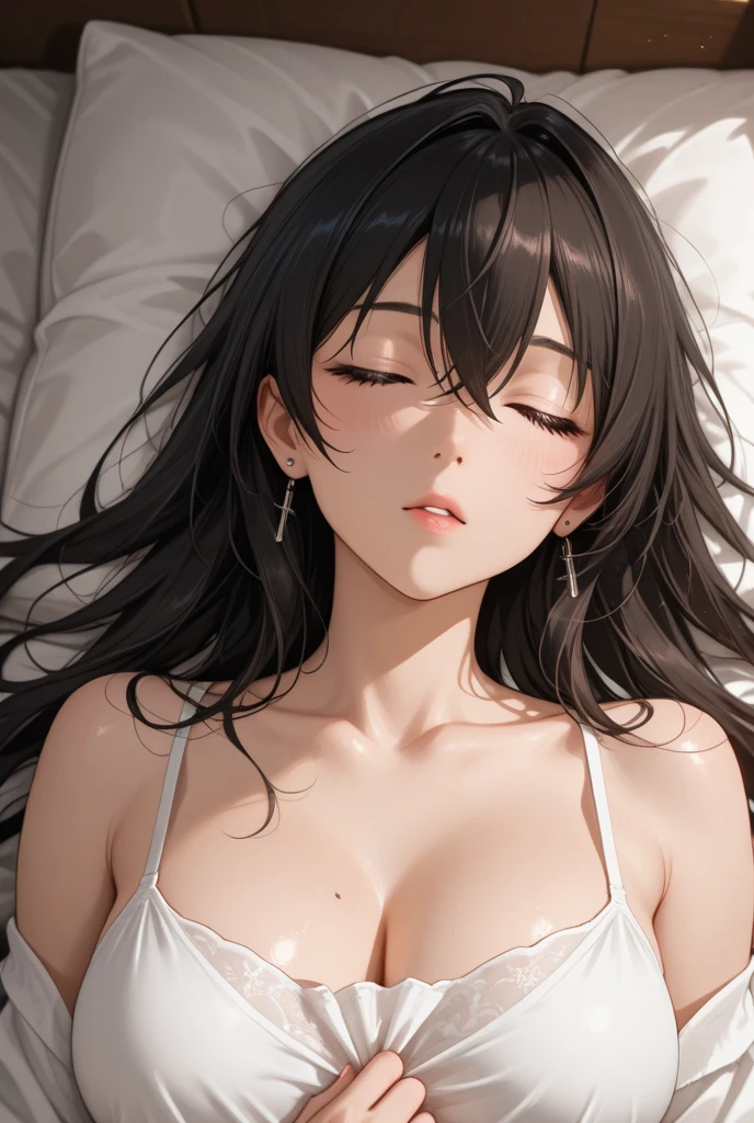 ((masterpiece, best quality, highres, UHD, perfect pixel)), Sakurajima mai, long hair, bangs, black hair, ((smooth texture:0.8, realistic texture:0.8)), ((medium breasts, cleavage)), indoor, bedroom, dynamic pose, busty, perfect body, ((laying down, sleeping on the bed, closed eyes)), blushing, ((bra, lingerie)), natural light