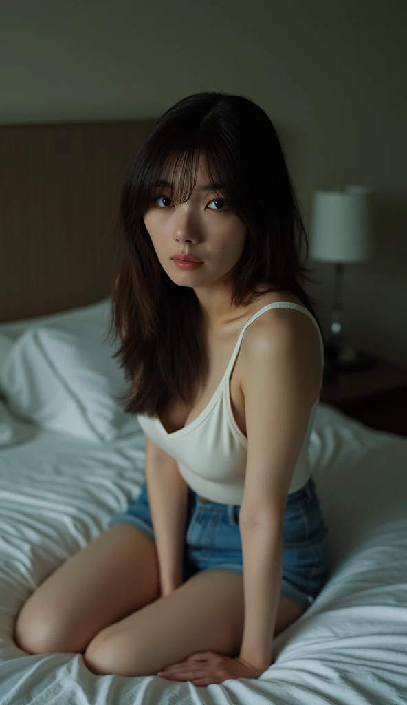 (masterpiece:1.2), Very detailed, Ultra-high resolution, (Realistic, photo Realistic:1.37), High-resolution RAW color photos, Professional photos, Dramatic lighting, Sharp focus:1.2, (Very detailed顔と肌の質感, Very beautiful eyes, Glossのある肌, Glowing Skin, Glowing Skin, Shining Face, Gloss, Oily skin, greasy face, Oily skin, greasy face, 強いGloss), Perfect Anatomy, Very detailed背景, 1 female, 25-year-old woman, Japanese women, (Short Bob Hair, Straight hair, bangs:1.3, Brown Hair), (Lean:Weight 1.0), (Flat Chest:1.5), ((Bedroom)), (((night))), (((Dark Room))), Thighs, ((Functional、Erotic)), ((Functionalな)), Woman close up, Warm color scheme, ((Glowing Skin)), (((Sleep on your back))), ((Lying down)), (Please raise your hand), ((ダークブルーのFunctionalなワンピース水着)), (White shirt), (See-through), (bra), (Pencil Skirt), (((mini skirt))), (((undressing shirt))), (((Half-naked shirt))), (Cleavage:1.1), (real Glossのある肌 texture), (Glowing Skin), ((Scary face)), ((Displeased)), ((On the verge of tears)), (((White skin))), Browsing Caution