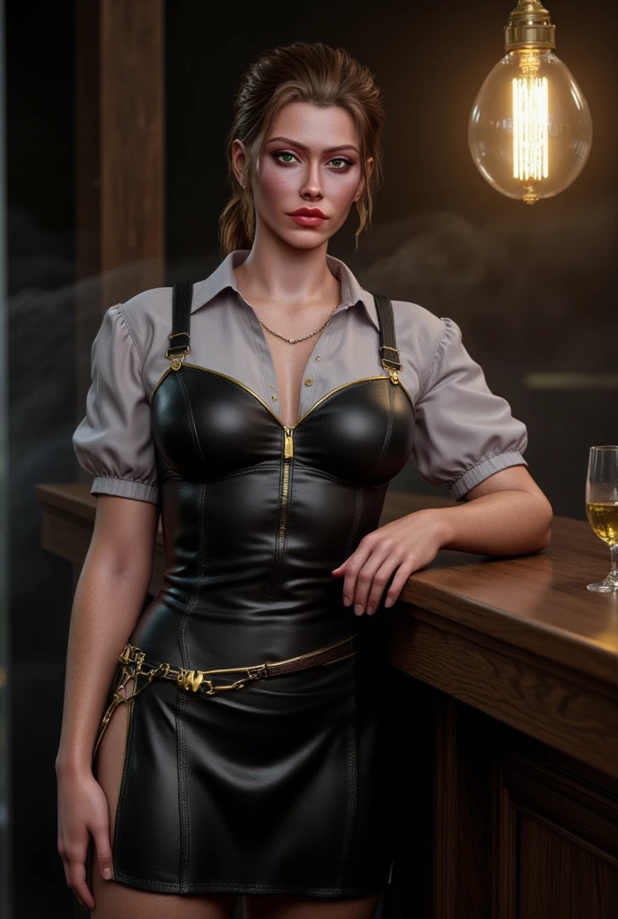 young guest from the future, alice selezneva, bar, bartender at the bar counter, microfiber shirt with a badge, (in the style of david barnett · newton helmut), (background, yuri arkurs style), brutal makeup, bar counter background, (short wet black hair: 0.6), (shade of strands isabella: 0.2), (deep eye and skin, steampunk, hyperdetailed, cinematic lighting, gears, bronze, volumetric lighting, 8k, шедевр, dslr, 8k uhd, Canon EOS RP Body