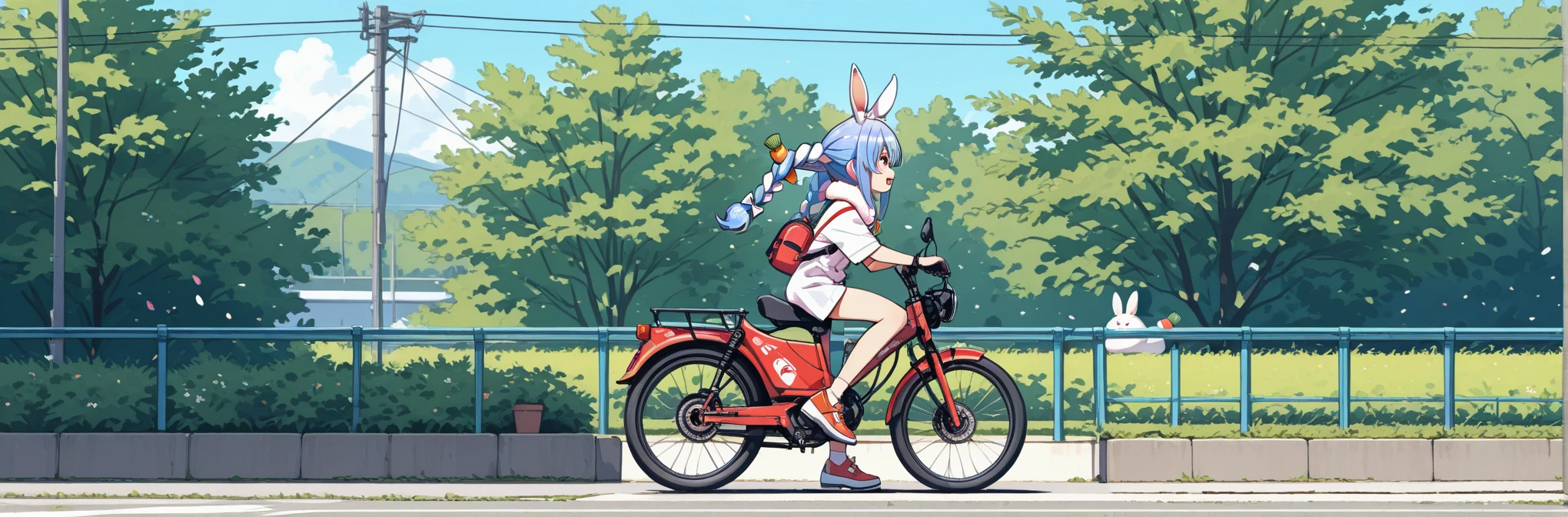 Rabbit-eared girl Riding a cute little frog robot Horizon Country street The sun is dazzling