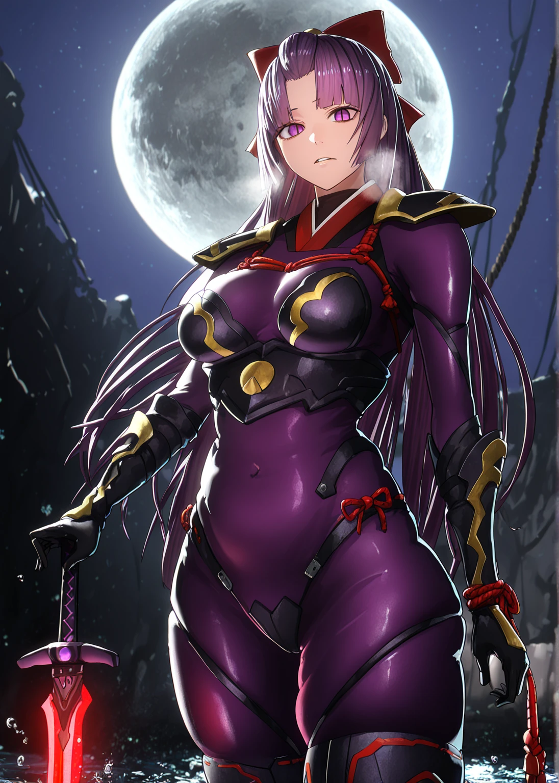  (minami_koyogi-style:1.4), (nekosama_shugyouchuu-style:0.8), ((anatomical correct)), ((Cinematic, unreal engine, eye-catching, ambient occlusion, UHD, masterpiece)), ((perfect lighting)), perfect body, perfect eyes, perfect fingers, gasping, heavy breathing, gasping profusely, ((skindentation)), ((curvy)), SHIKOKU_(MATO_SEIHEI_NO_SLAVE), purple hair, purple eyes, slit pupils, long hair, hair bow, red bow, parted bangs, ribbon trim, half updo hair, bangs_pinned_back, straight hair, ((medium breasts)), plump, 1girl, breasts, moon, bodysuit, solo, full moon, glowing sword, sword, night, gloves, covered navel, looking at viewer, purple bodysuit, black gloves, rope, parted lips, skin tight, armor, night sky, hand on own hip, moonlight, sky, planted, outdoors, elbow gloves, water drop,
