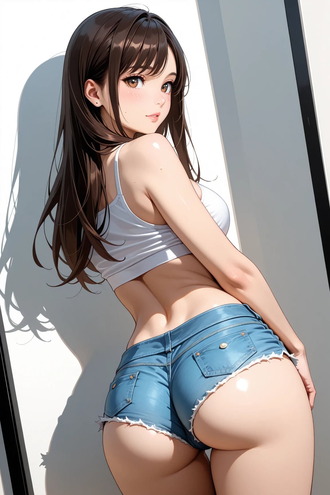 ((Extremely exposed))(High-definition image quality)極Realistic skin texture、High definition face(brown、Very long straight hair、Hair behind the ear、Beautiful moist brown hair、Smooth Hair)((Bright smile))、Gaze(sexyな25歳の女の子、Idol Makeup、Eyeliner)(Fair skin)(Sparkling eyes)Smooth Skin、Realistic skin texture ((Oversized T-shirt、Short length、Cleavage) ((Extremely short denim miniskirt、damage、Super tight、small、Ultra low rise))))Beautiful armpits、On the position of the chest、Round big breasts、Beautiful valley、Ultra-thin waist、Waistline、Long legs、Glitter High Heels((((Seaside cafe during the day))))(((((Medium full shot from behind、sexy))))))Erotic and bold poses