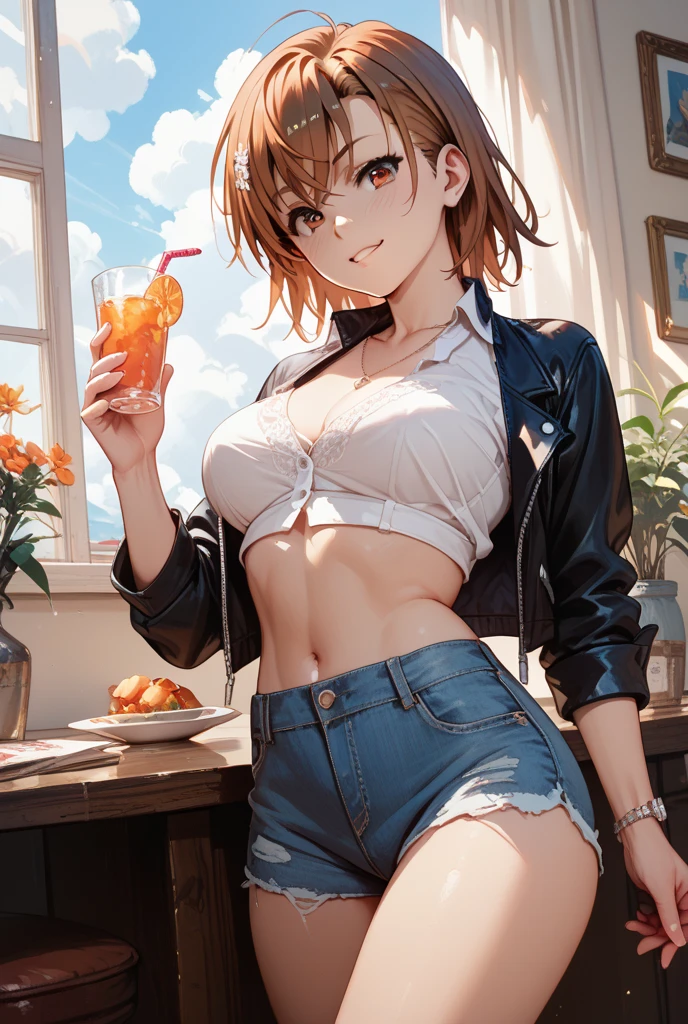Young and cute, Japanese beauty, medium length light brown hair, high leg red bikini top and bottom, beer poster, drinking beer and laughing happily, balcony with evening sun shining in, poster has message "Delicious beer, alcohol is for those 20 years old". She is very attractive, real photo, best masterpiece, gold award, high quality, high resolution.
