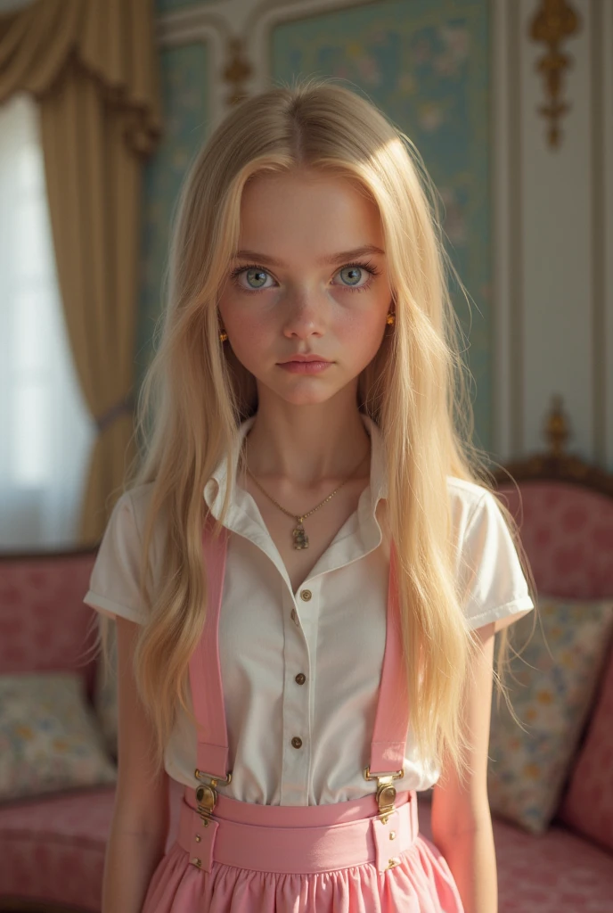 Elle Fanning, imagen ultra realista de alta calidad de una adolesente, the ager has brown hair, ojos azul, piel blanca, small breasts,senos visibles, cadera mediana, vagina visible, la afolesente esta parada sobre una torre