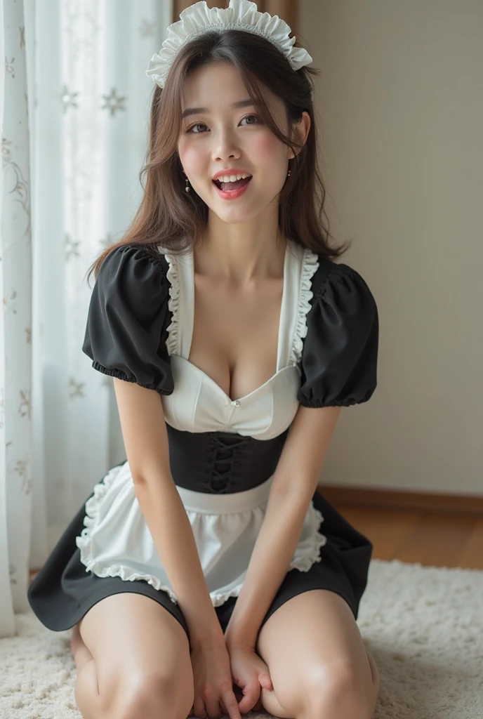 (1young girl), Brown hair, Amazing face and eyes, Pink eyes, enchanting smile, (Maid cafe costume with frills, Pleated mini-skirt:1.5), (Maid cafe costume with wide open breasts:1.2), (Beautiful big breasts:1.3), bared chest, (amazingly beautiful girl), Brown hair, stylish hair ornament, (Best Quality:1.4), (Ultra-detailed), (extremely detailed CG unified 8k wallpaper), Highly detailed, High-definition raw color photos, Professional Photography, sitting, sofa, (spread legs wide open), (no panties:1.5), (((Bokeh))), depth of fields, (View from below),