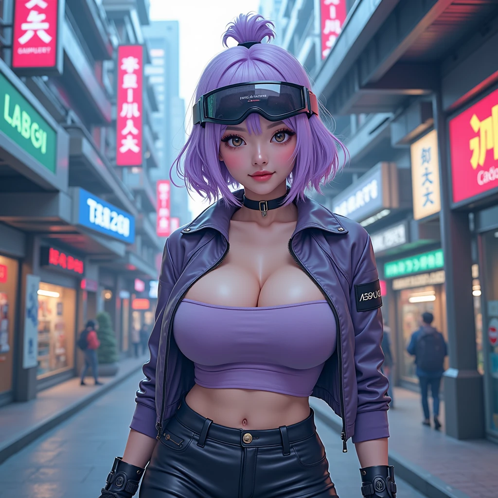 Beautiful woman with short hair、Cyberpunk style、Vivid body、Soft smile、Blue Eyes、Ultra fine micro bikini、big tit、Purple hair、headphones、Japanese pattern jacket