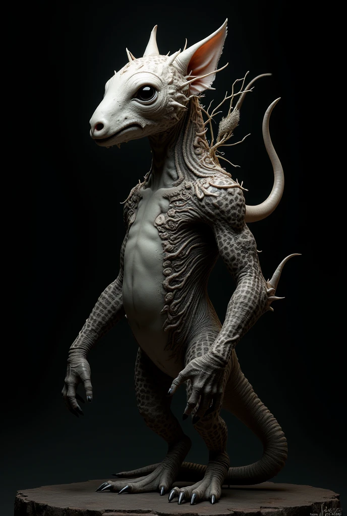  a being with a long and narrow body,  Long and narrow head, floppy ears, dog nose, big eyes 4 fins, with a monkey tail and scaly skin
