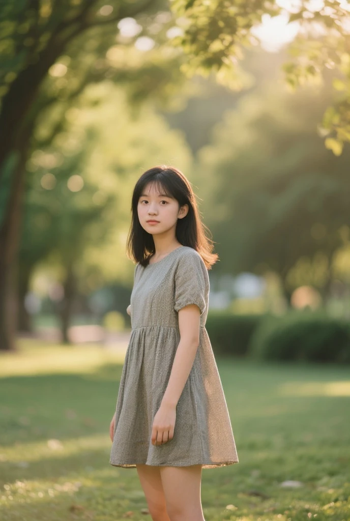 A Chinese child walks barefoot on a green forest path,holding lollipop in hand, A calm smile appears on your face, She is surrounded by a natural environment full of oxygen, green trees and flowers..