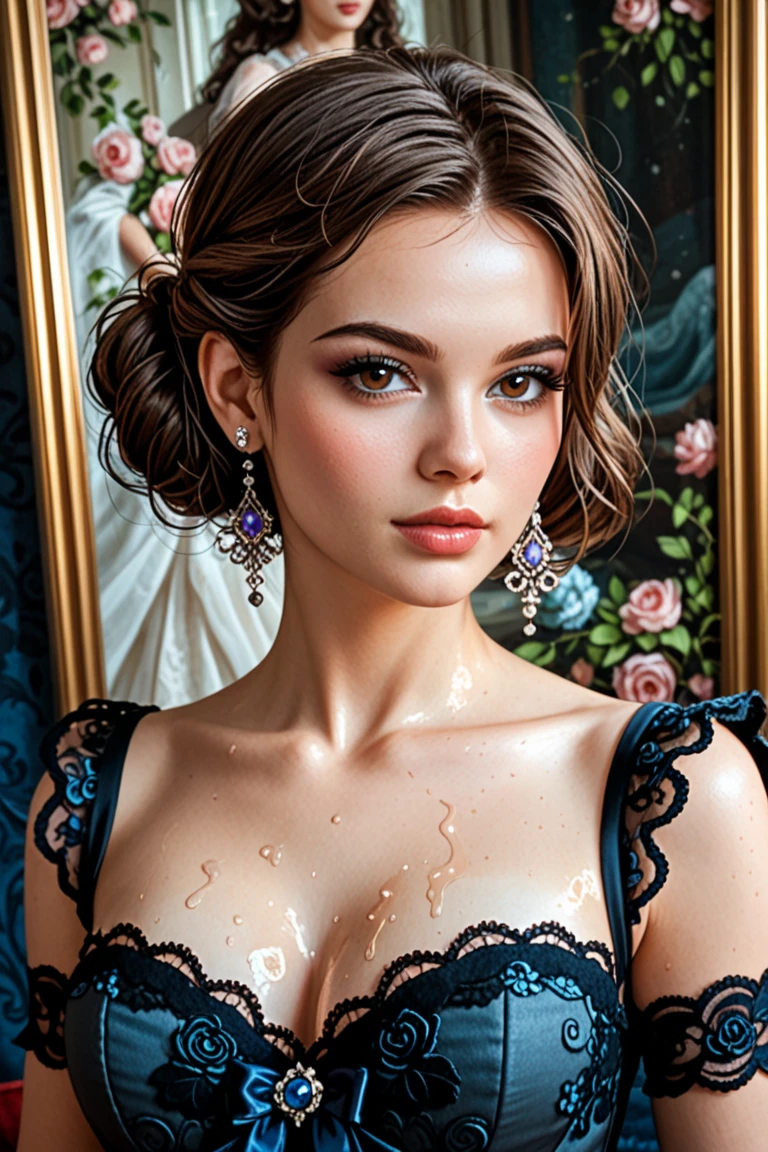 Balerina Gracefully Dancing, Honey Brown Hair, Very Long Hair, Chignon, Crop Top. Leaning-Over-Table, Messy Hair, Pale Skin, Red Lips, Skirt Wth Woodcut Patterns, Crop Top Wth Blue Rosemaled Designs. Midriff, Wide Smile, Eyes Detailed & Wide,Dynamic Pose. Ultra HD, Rococo-Inspired Fantasy Art With Intricate Details. Cute, Charming Expression, Alluring-Gaze, Beautiful Eyes, An-Ideal-Figure. Large Youthful Well-Shaped-Bosom, Attractive-Hind-Quarters. Massive-Round-Bosom, turning. Full Length Side Profile. Digital Painting, Intricate Details Scarlett Johanson. Alison Brie & Selena Gomez