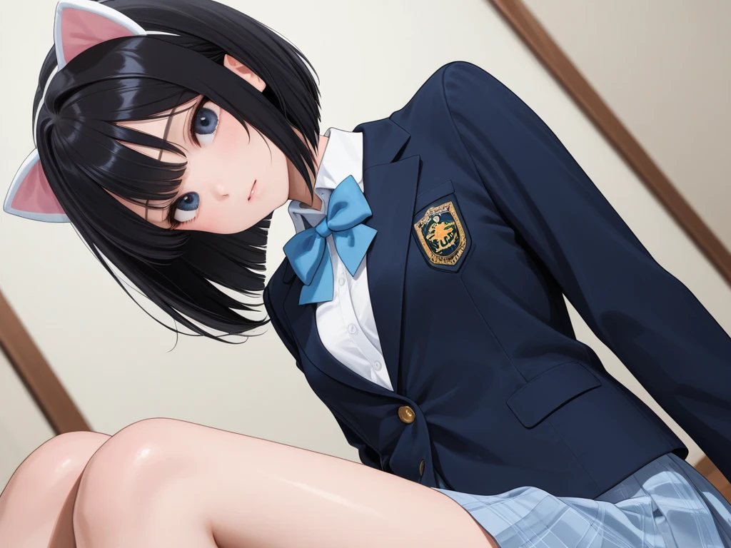ulzzang-6500-v1.1, (raw photo:1.2), (photorealistic:1.4), beautiful detailed girl, very detailed eyes and face, beautiful detailed eyes, ridiculous, incredibly ridiculous, huge file size, super detailed, high resolution, very detailed, best quality, masterpiece, kemomimi, ((Japanese girls' high school uniform)), illustration, very detailed, CG, unified, 8k wallpaper, amazing, Fine details, masterpiece, best quality, very detailed CG uniform 8k wallpaper, light on face, cinematic lighting, 1girl, , ((no panties)), ((dynamic pose))), (camel toe), (half), (pantyhose), (knee-bending leg sitting))