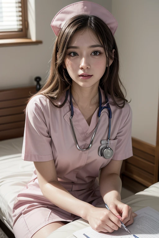 very bright hospital room、(bright windows、white lace curtains)、(Rape a cute nurse in the hospital room)、(Nurse's Cap)、(s old)、(look at the camera)、(alone)、(surreal), (figure), (High resolution), (8K), (very detailed), (best figure), (beautiful and fine eyes), (highest quality), (Super detailed), (masterpiece), (wallpaper), (detailed face),(((one girl)))、(((looking at the viewer:1.2)))、innocent smile、cute smile、a little chubby face、(gentle smile:1.3)、surrealな、(Big eyes)、(double eyelid)、(((A thin nurse's uniform with an open chest that shows the contours of the body))),Breasts wide open、((highest quality、8K、masterpiece:1.3))、(ultra High resolution:1.2)、big breasts、(white skin:1.2),(bright lighting)、(stockings and garter belt)、(Korean、Japanese、Chinese:0.3)、Wearing a stethoscope around your neck