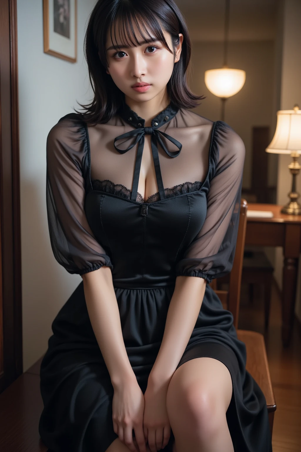 face is :9,3492120809], Naive 33 year old wife、Wearing a lace dress、(Wear pantyhose,Realistic pantyhose)、Thighs Thighs Thighs Thighs、Sit in a chair in an open café、Height 156 cm, Slightly fat、Japanese model, Short layer hair、Japanese Girls, Neat and clean Japanese woman, Japanese Goddess, Innocence、original photo, (8K、Top quality、masterpiece:1.2)、(Intricate details:1.4)、(Photorealistic:1.4)、Octane Rendering、Complex 3D rendering with ultra-details, Studio soft light, Rim Light, Vivid details, Super Detail, Realistic skin texture, Facial details, Beautiful eye details, Highly detailed CG Unity 16k wallpaper, cosmetic, (Detailed background:1.2),　Smooth skin、Show your thighs!!!、