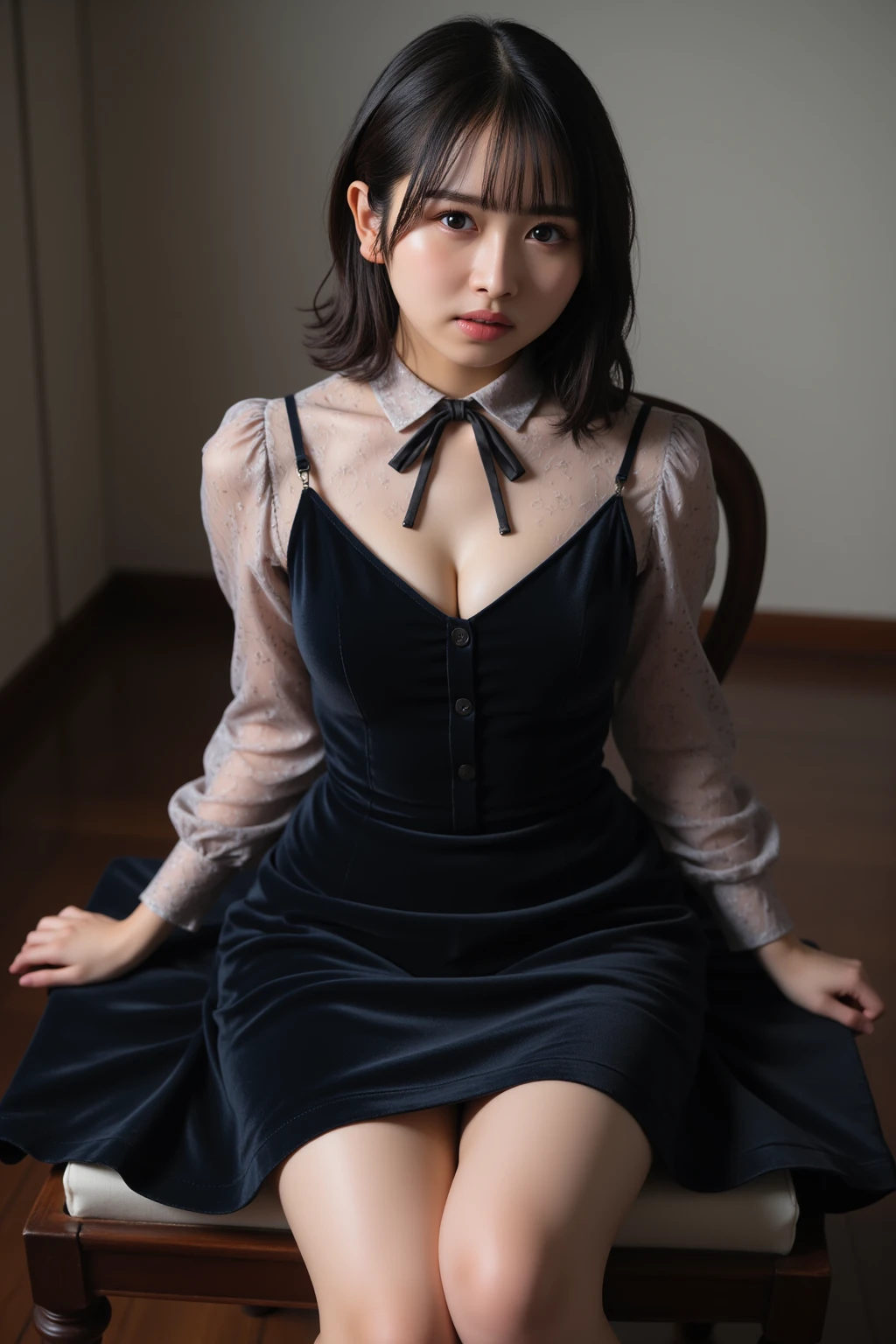 (absurdres:1.3), (highres:1.3), (ultra detailed:1.3),(1girl:1.3), (extremely detailed CG unity 8k wallpaper:1.3), (detailed skin texture, detailed cloth texture, detailed hair texture), (beautiful detailed face, supermodel, pale skin, realistic glistening skin), (RAW photo, best quality), (realistic, photo-realistic:1.4), masterpiece, extremely delicate and beautiful,Amazing, finely detail, extremely detailed CG unity 8k wallpaper, huge filesize, ultra-detailed, highres, absurdres, soft light,rim light, vibrant details, hotel room, short bob hair, (large breasts:1.2), black hair color, Big Natural Color Lip, (perfect body shape), beautiful legs, BREAK (black and purple theme:1.4), (black (gothic lolita, french girly):1.2), (long sleeve black and purple classic dress with [butterfly-symbol] embroidery:1.4), ((panier, multilayer-skirt) with purple ruffles:1.4), ((lace, purple ruffles):1.3), (black pantyhose:1.3), (ankle socks with ruffles:1.2), (cute shoes:1.1), BREAK (blue theme:1.2), (extremely detailed blue [butterfly-symbol] print on dress:1.4),  crying a little、little smile, Harajuku style、20 year old girl、cute type、lolita、