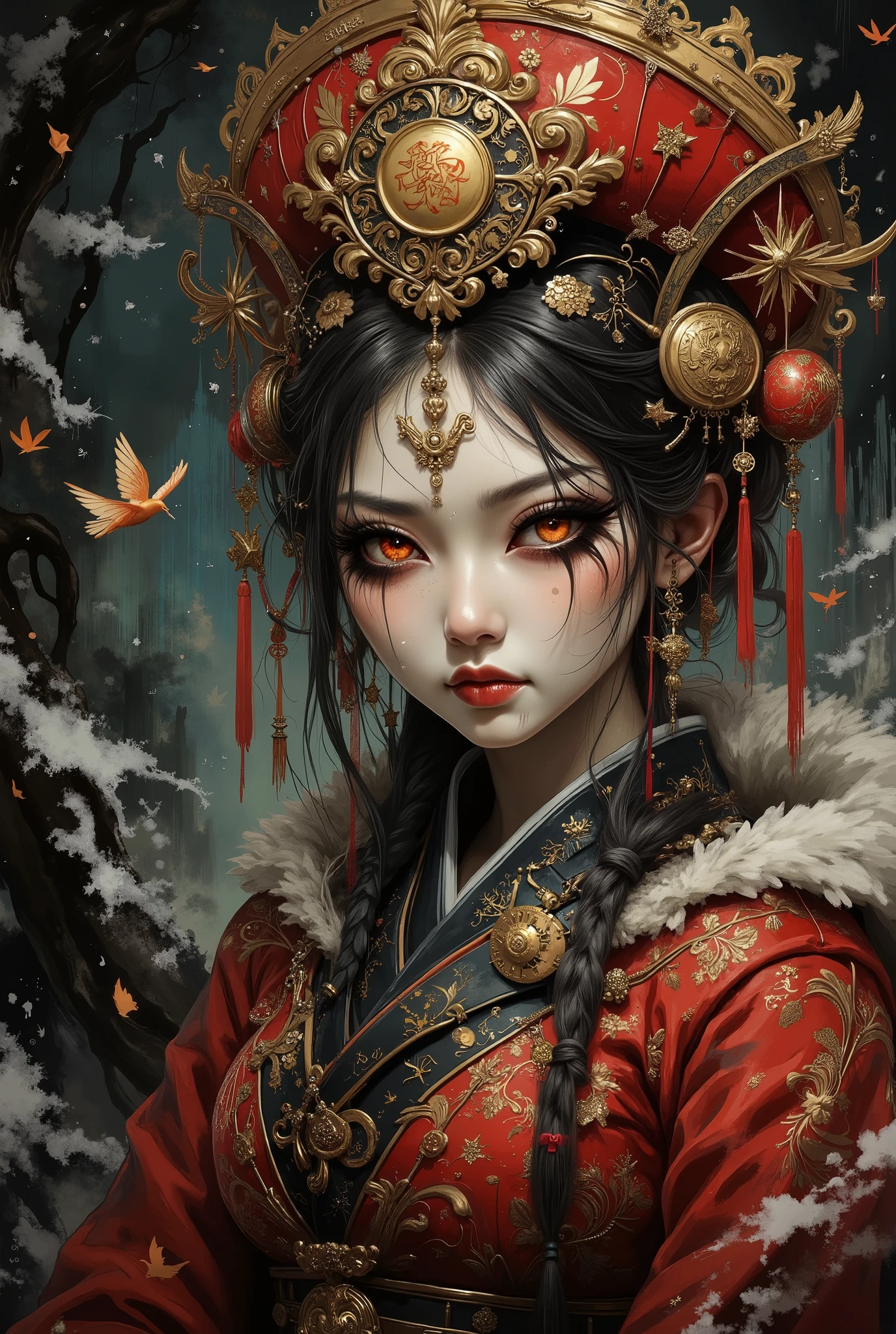 Stylized digital art of a Chinese girl, a magician's student. In the magical uniform of a sorceress. Dramatic red national costume. On his head is a tall golden, luminous hat. with a magic sign, lavish Baroque decor. One half of her face is dimly lit, while the other is hidden in deep shadow. Her face is distorted by a mysterious sinister grimace, and her beautiful oriental eyes hold a great secret of horror and a warning of malice. A magnificent figure. Her face is half hidden in deep shadow. She is surrounded by an icy blizzard and ominous shadows. In a red national costume, she wears a magic pocket watch, steampunk style eyes for selfish reasons. X} There is a slightly blurred tree in the background, Magical birds circling in the dark, cold sky.The color scheme: a combination of magical impressive shades, magical radiance and gloomy background. An atmosphere of magic and mystery. Low angle, color, tone, and aerial perspective. An abundance of decorative details. A magical interweaving of styles: Baroque, Art Nouveau and Steampunk. Semi-realistic, highly detailed digital art imitating painting, watercolor, ink, sketch.
