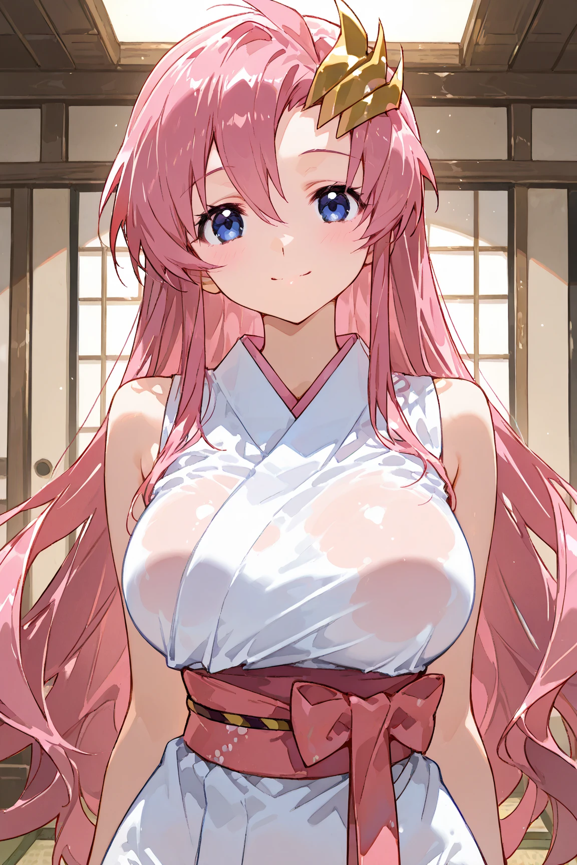 young woman, light pink long hair without bangs, open forehead, thin pink lips, bright blue eyes, breast size three Japanese kimono, japanese clothing style, bare chest, bare thighs lying on the bed, white mattress