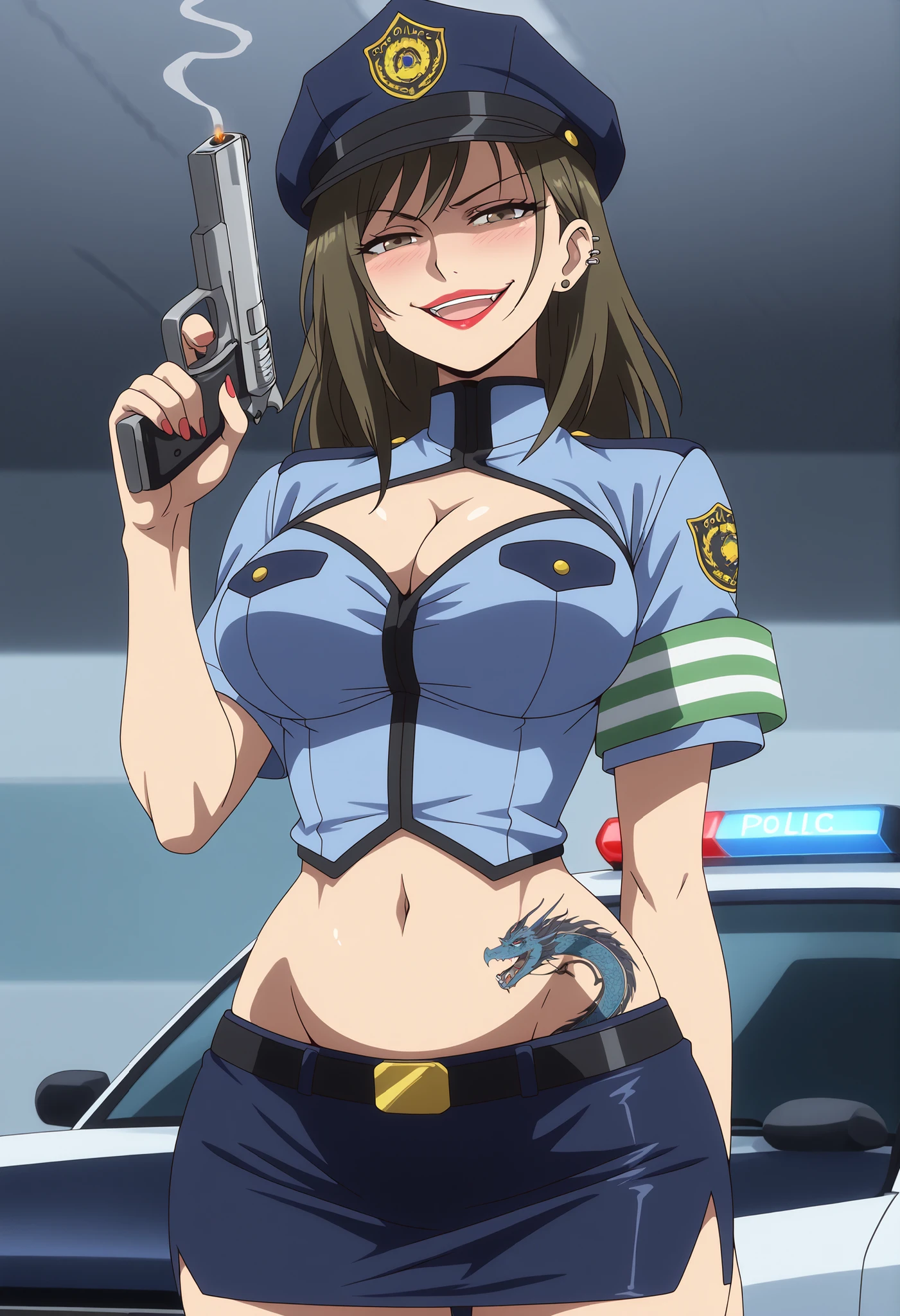 Highest quality, Great quality, 16K, Unbelievably absurd, Very detailed, 2.5D, delicate and dynamic, (Makoto Kino), Small face, Very delicate look, Delicate eye depiction, Very Fine Hair, (1 female), erotic, Sexy Woman, Muscular,  制服を着たSexy Woman警察官, Police hat,The background is a town alley, height: 175cm, Light brown long hair,ponytail、 Sexy long legs, Shine,1990s \(style\),、(F cup breasts)、expensive、Cinema Lighting, (完璧なShine肌:0.6),Always high quality CG Unity 8K wallpapers、Angry expression