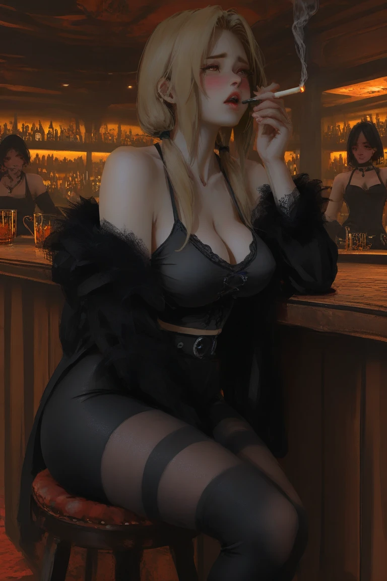 A stunningly beautiful blonde woman in alluring lingerie, (Breasts: 1.8), (Areola: 2), (Detailed: Extremely detailed), (Skin: Pale, smooth, and flawlessly textured), (Lingerie: Transparent, revealing, and elegant), (Hair: Blonde, silky, and shimmering), (Eyes: Bright, sparkling, and expressive), (Expression: Seductive and captivating), (Lighting: Cinematic, illuminating her body in the most flattering way), (Pose: Confident and alluring), (Details: Straps of lingerie adorned with