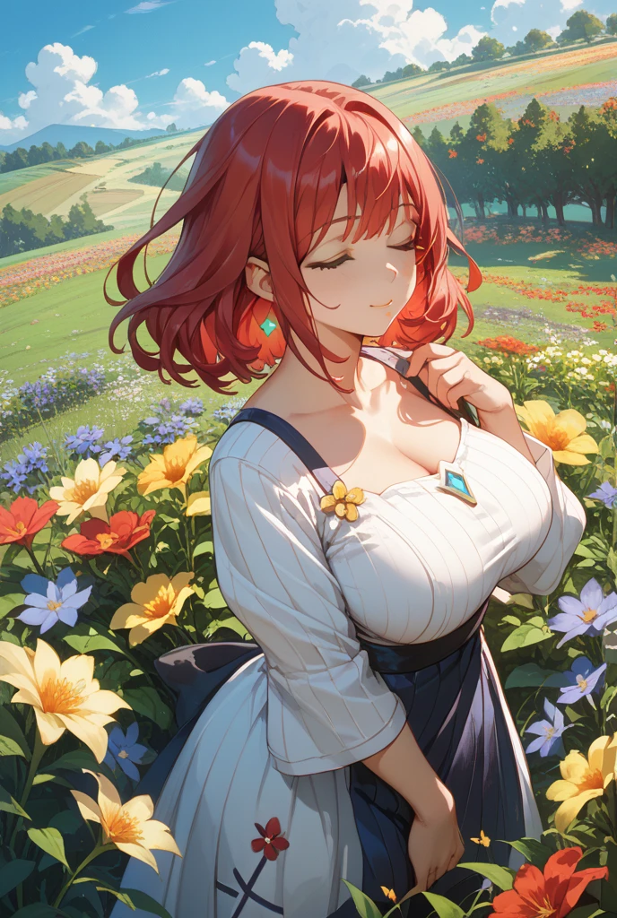 Best quality, matikanefukukitaru \(umamusume\), massive breasts, skimpy thin white dress, sunset, upper body, sexy, angelic, thin fabric, see through, god rays, fluffy clouds, colourful flower field,