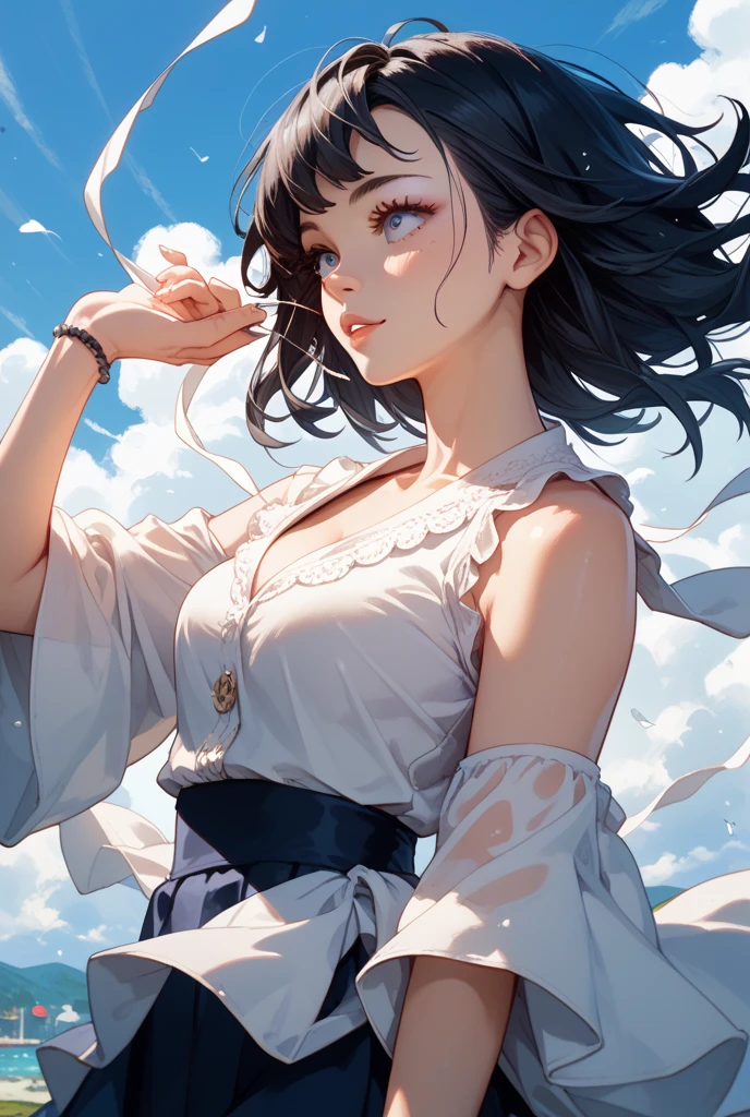(1girl,(upper body),(double exposure of ancient sky city and cloud:1.25),multiple exposure,highly detailed,by wlop),from side,
//
1girl in a white dress made of cloudy wind, white wings,fantastic wind,flowing cloud,cloud sea