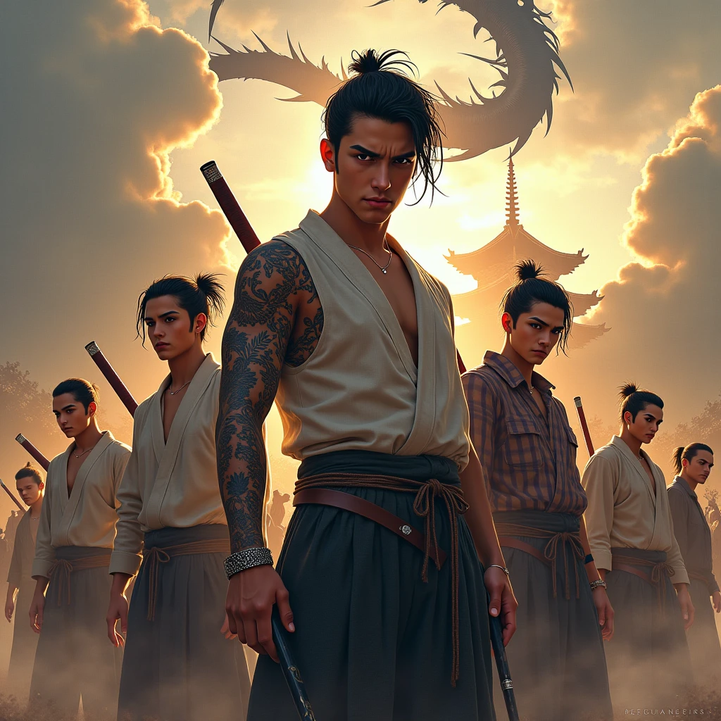 A group of 3 friends of 13 and 14 are formed in position of defense in the years war, They are talking about how to defend themselves from the enemy army when they invade the city 14 years of blue hair, The 14-year-old boy with straight hair with his back uncovered and his chest bare but dressed in typical clothes of ancient Egypt with dark skin walking lost through the different streets of a city is noon. doferentes angulos mira la ciudad desde lo slto de una colina.