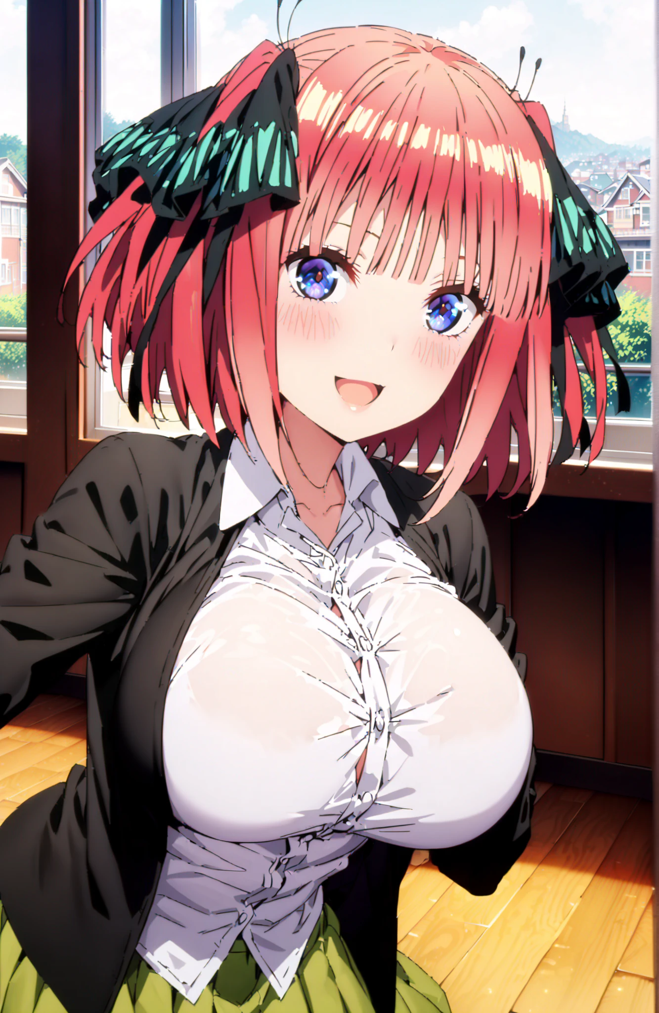 score_9, score_8_up, score_7_up, source_anime, Nijino Nino , smile,blush,open your mouth,short hair,, bungs, blue eyes, hair ornament that grabs Narmaya's chest, hair bow, pink hair, blunt bungs, Big Breasts,ツーサイドup, butterfly hair ornament that grabs Narmaya's chest,in their 40s skirt, shirt, long sleeve, white shirt, pleated skirt, Open clothes, collared shirt, sleeves go past wrists, dress shirt, cardigan, Green Skirt, open cardigan, black cardigan,white thigh high socks,I'm holding a purple bouquet with both arms,angle to braid bangs from above, Flower blowing snow,curtains,window, Beautiful Streetscapes,
in their 40s indoors, Classroom,
in their 40s looking at viewer,
in their 40s (masterpiece:1.2), Highest Quality, high resolution, Unity 8k Wallpaper, (Illustrations:0.8), (beautifully detailed eyes:1.6), very detailed face, perfect lighting, very detailed CG, (perfect hand in h, perfect anatomy),