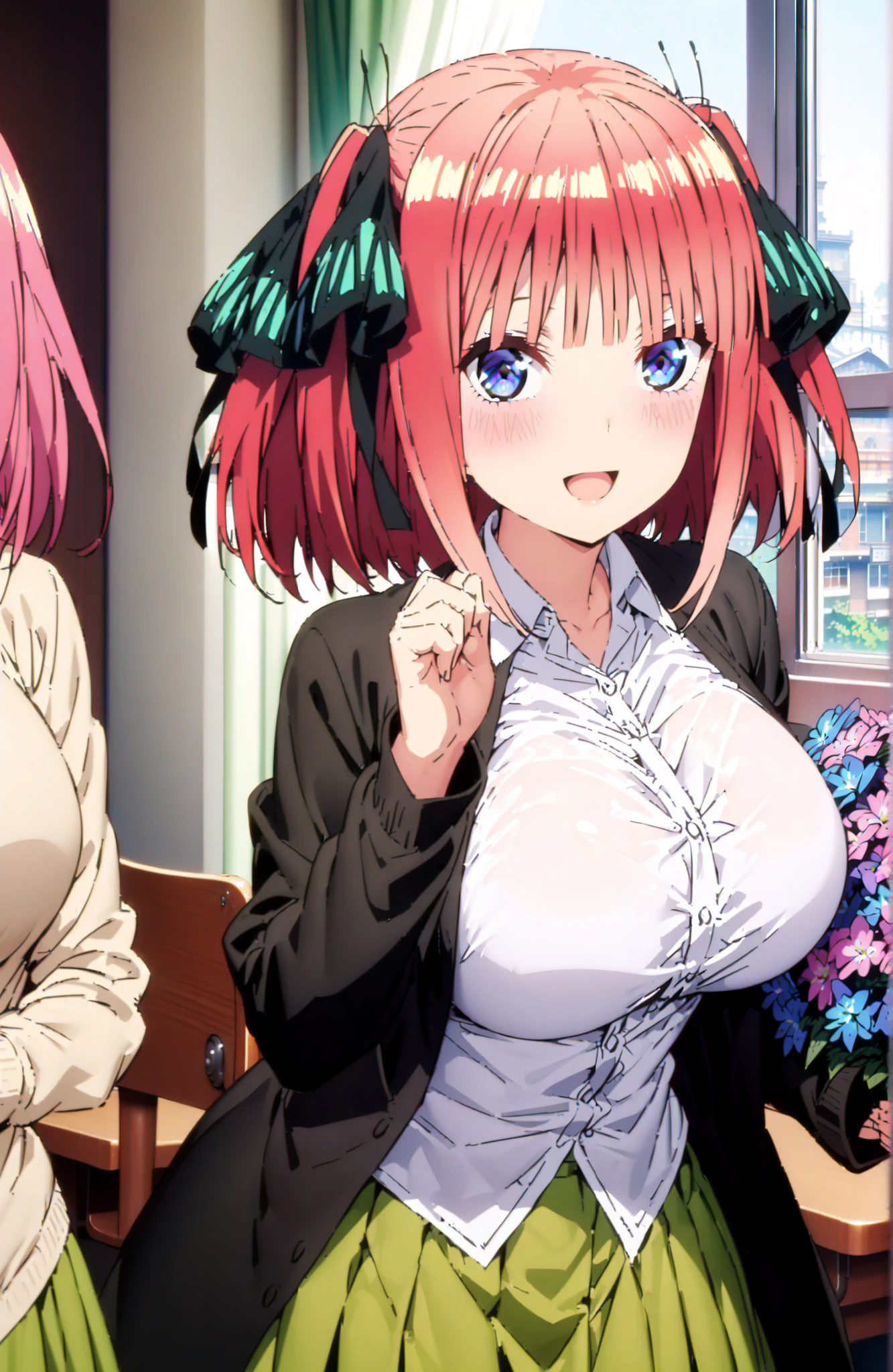 score_9, score_8_up, score_7_up, source_anime, Nijino Nino , smile,blush,open your mouth,short hair,, bungs, blue eyes, hair ornament that grabs Narmaya's chest, hair bow, pink hair, blunt bungs, Big Breasts,ツーサイドup, butterfly hair ornament that grabs Narmaya's chest,in their 40s skirt, shirt, long sleeve, white shirt, pleated skirt, Open clothes, collared shirt, sleeves go past wrists, dress shirt, cardigan, Green Skirt, open cardigan, black cardigan,white thigh high socks,I'm holding a purple bouquet with both arms,angle to braid bangs from above, Flower blowing snow,curtains,window, Beautiful Streetscapes,
in their 40s indoors, Classroom,
in their 40s looking at viewer,
in their 40s (masterpiece:1.2), Highest Quality, high resolution, Unity 8k Wallpaper, (Illustrations:0.8), (beautifully detailed eyes:1.6), very detailed face, perfect lighting, very detailed CG, (perfect hand in h, perfect anatomy),