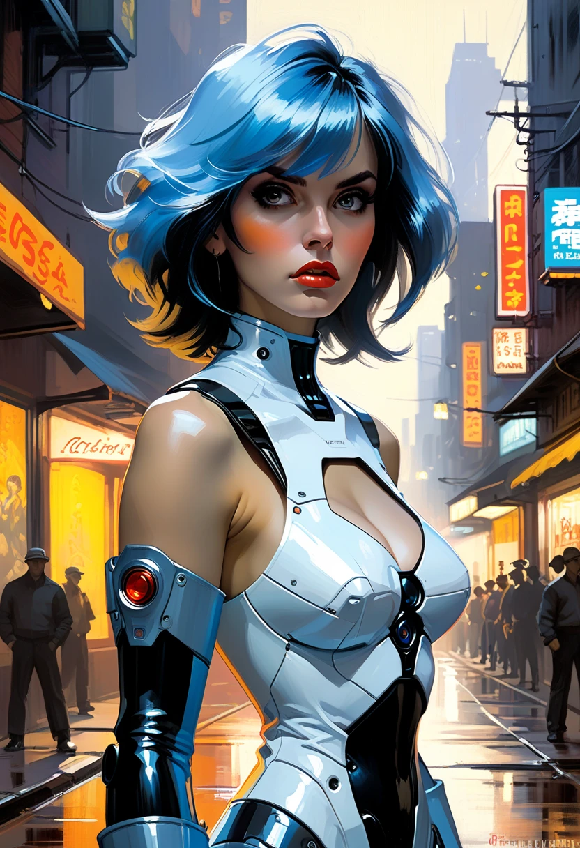 Stefania Ferrario short blue hair shaved on the sides, parted lips, wearing a loose white overcoat over his white and orange futuristic cyberpunk costume, at night on top of a building, 8k, artgerm julie bell beeple, Wojtek FUS, bipe. hyper- realism, arte do bipe, Beeple Daily Art