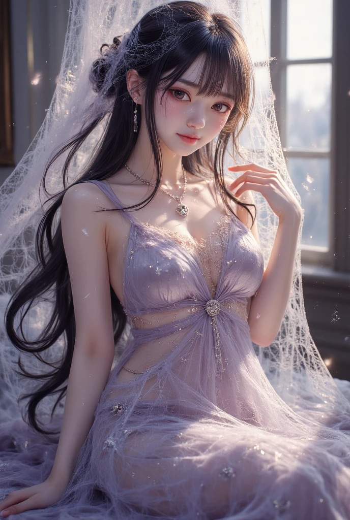 4k, ultra hd, masterpiece, 1 girl, detailed eyes, very long hair, spreading hair, hair ornaments, glossy lips, silver princess dress, lace, criss-cross strap dress, bare waist, small breasts, jwellery, earring, necklace, high lighting, dark shadow, window background, blowing iar, realistic effect, very beautiful background, crystals, sitting,