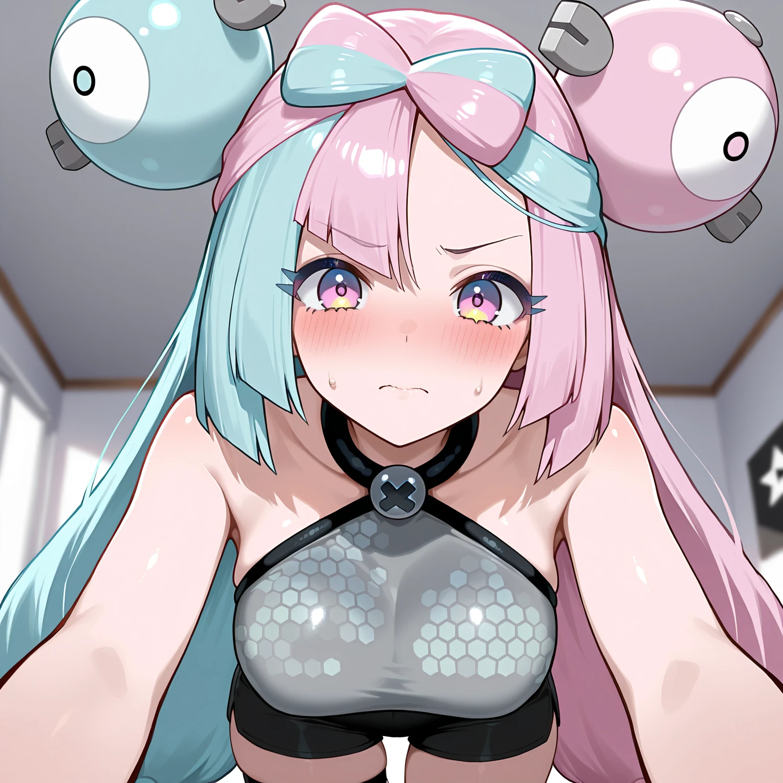 score_9, score_8_up, score_7_up, source_anime, BREAK, (((vigme)))), 1girls, iono (pokemon), selfie, recording, imminent penetration, penis laying on stomach, v signs, nude, on back, bed
