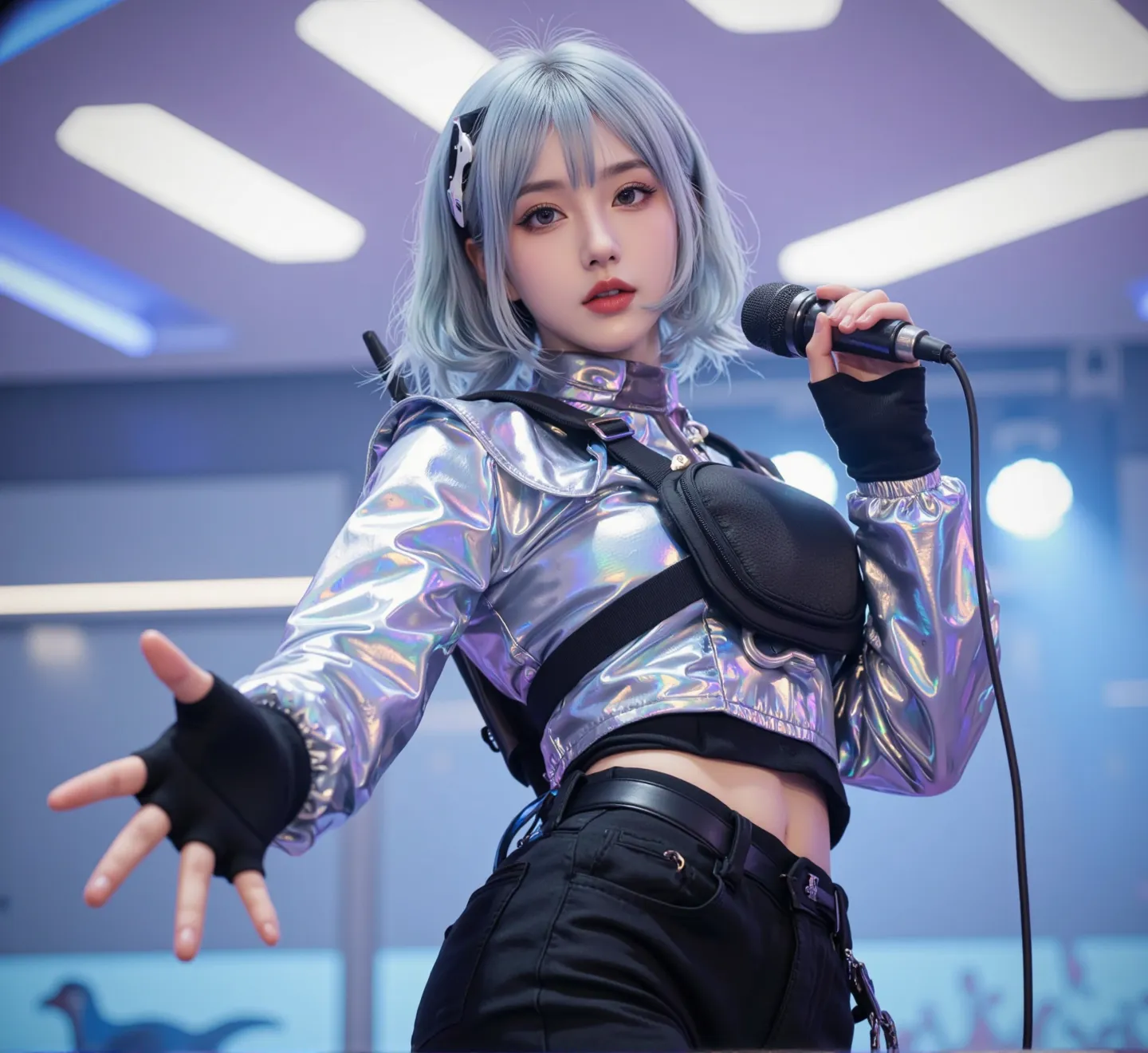 (8K, RAW photo, highest quality, mastery:1.2), (genuineistic, genuineistic:1.37),(K-POP idol),dramatic professional lighting, photon mapping, radio city, Physically based rendering 、Lucy \(cyber punk\), bob cut, mechanical parts, cyber punkシティ、neon lit, sexy, Tobacco, 8K high resolution, 8K, CG Wallpapers, genuine, surgenuine、highest quality、highest resolution、Draw details、delicate depiction、global illumination、motion blur、anti-aliasing、ray tracing、sensual、Lewd、shame、conversion、Inserted into the genitals、artistic background、Squirting、Love juice drips all over my body、Nipples with presence、small areola、stand erect、Spraying urine、Drool、sweaty、scattering of sweat、clear white skin、Wet skin with a strong shine、bob cut、skinny、bondage、Fishnet tights、luminous metal accessories、、delicately drawn face、beautiful face、thin and thin eyebrows、rounded jaws、big mouth、Ahegao、model body shape、small face、rainbow colored hair、cyber punkエッジライナー、cyber punkシティ、colorful eyes、Navel exposure、beautifully developed muscles、accurate genitals、Lewdな女性、naked、Black costume、No bra、157