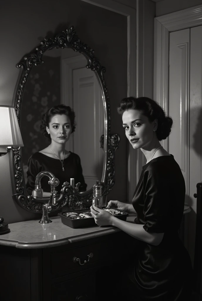 Masterpiece, photorealistic, 1930's Journalism photography, medium shot of a woman wearing black lingerie, looking at herself in the make up mirror, she is reflecting in the mirror, in the backstage of Can Can club