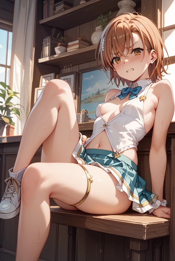 (masterpiece, Highest quality), (((Perfect Anatomy, Anatomically correct))), ((1 Girl)), short hair, Blunt bangs, Light brown hair, happiness, Green Eyes, hair ornaments, School_uniform, short_Dispel, just_feet, blue sky, window, Front view, Insights,The body is slim, Compresses on the chest, ((Beige cardigan,Green pleated skirt、Blue Neck Ribbon、White knee-high socks)),Pastel colored pantiesが見えている、((Pastel colored panties))、((Shiny panties))、((Normal location:1.4))、(((Straddle))),((feetを開いて座らされた…))、((orgasm:1.6)),((((M-shaped legs:1.1))),((Lift up your shirt:1.5)),((Showing off your bra)),(((Lace bra))),Award-winning bra designs、Random Color Bra、((((M-shaped legs:1.1))),((spoon:1.4)),((orgasm:1.3)),((((M-shaped legs:1.1))),(((Sex with a man))),(Vagina Penis),Erotic atmosphere,Stupid,shortness of breath:1.6,((Pussy juice:1.3))