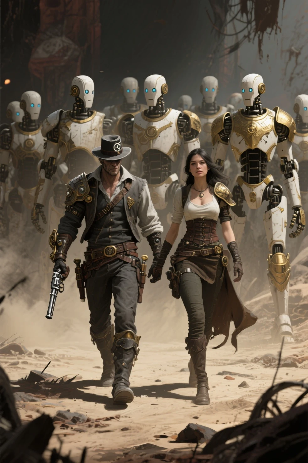 arafed image of a man and a woman in front of a group of robots, grimdark steampunk fantasy, ps 4 in - game cinematic, character with a hat, wasteland, official splash art, “pig, the gunslinger, gray wasteland, heavy white and golden armor, sepia, official artwork, ox, (two heads), one female head and one male head, halfbody, man on left side