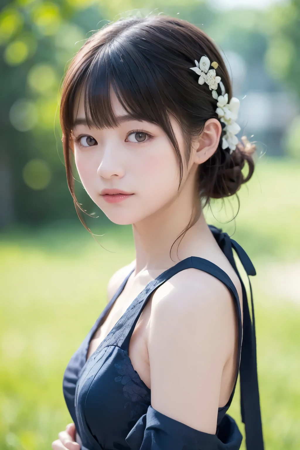 Unclear、petite person、(Large loose white silk camisole、white panties)、Outside the field、(Slimed、small tit、flat boobs、small tit)、Photorealsitic、detaileds, Skin Texture, ultra-detailliert、Delicate and sexy collarbone、Super Detailed Face、Detailed lips、A detailed eye、二重まぶた、10years old girl、((all-fours、From above、The chest is fluttering))、Bun hair or straight bob hair