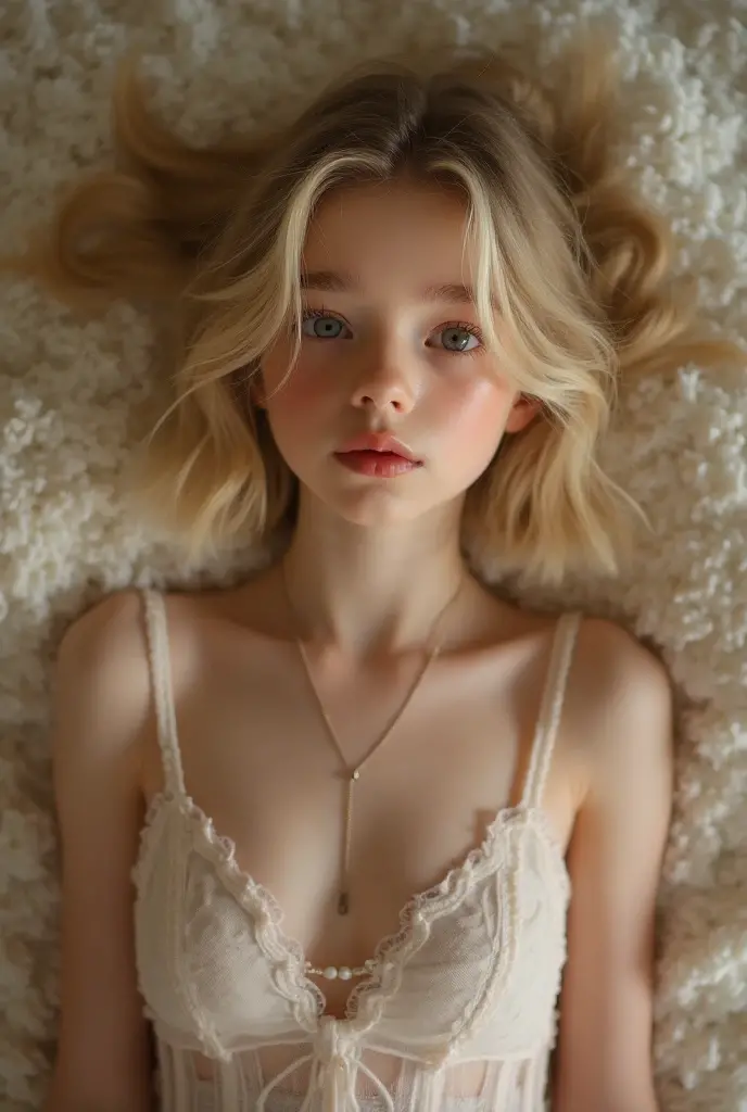 hyperrealistic, 13 year old girl, Russian, blonde, green-grey eyes, transparente white skin, small lips, round nose, thin face. realistic, long legs, naked, sexy photo, bare shoulders, sexy photo, (sleep posing), bed,