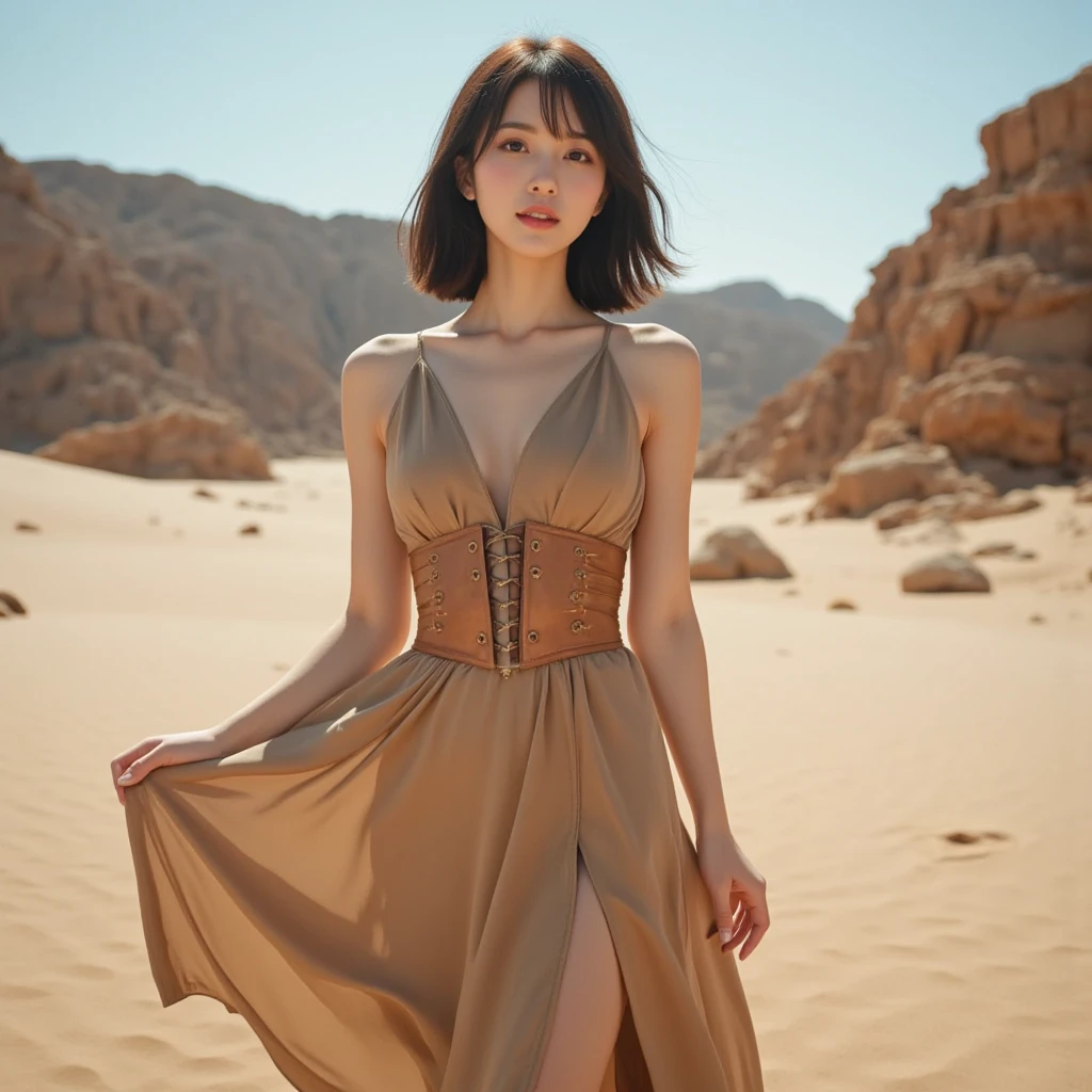 girl standing in the desert, BREAK, 1girl, (solo:1.4), traditional clothing, intricate traditional pattern, long strapless dress, detailed face, looking at viewer, outside, (desert:1.4), rocky, (full of flower:1.2), banana tree, banana, exotic, fine art photography, tropical mood, traditional beauty, masterpiece, (best quality:1.2), (realistic:1.3), detailed texture, professional lighting, super details, detailed skin, skin pores, shiny skin, oiled skin, (moist skin), (glistening skin), (smooth skin), dry sands ground, full body, long wide shot, (10yo, cute:1.3), (breasts:1.2),