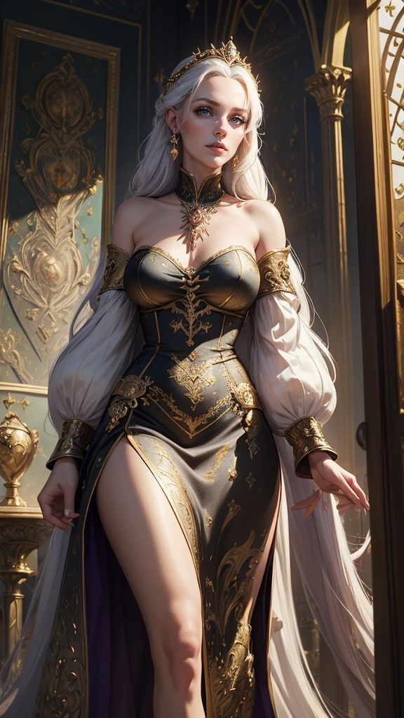 medieval fantasy, priestess in her late 40s, warm and welcoming presence, long wavy ((brown hairs)), pink and gold (ribbons), gentle green eyes, fair skin bears the soft lines of age and wisdom, flowing pink and gold robes, gold pendant, in a temple