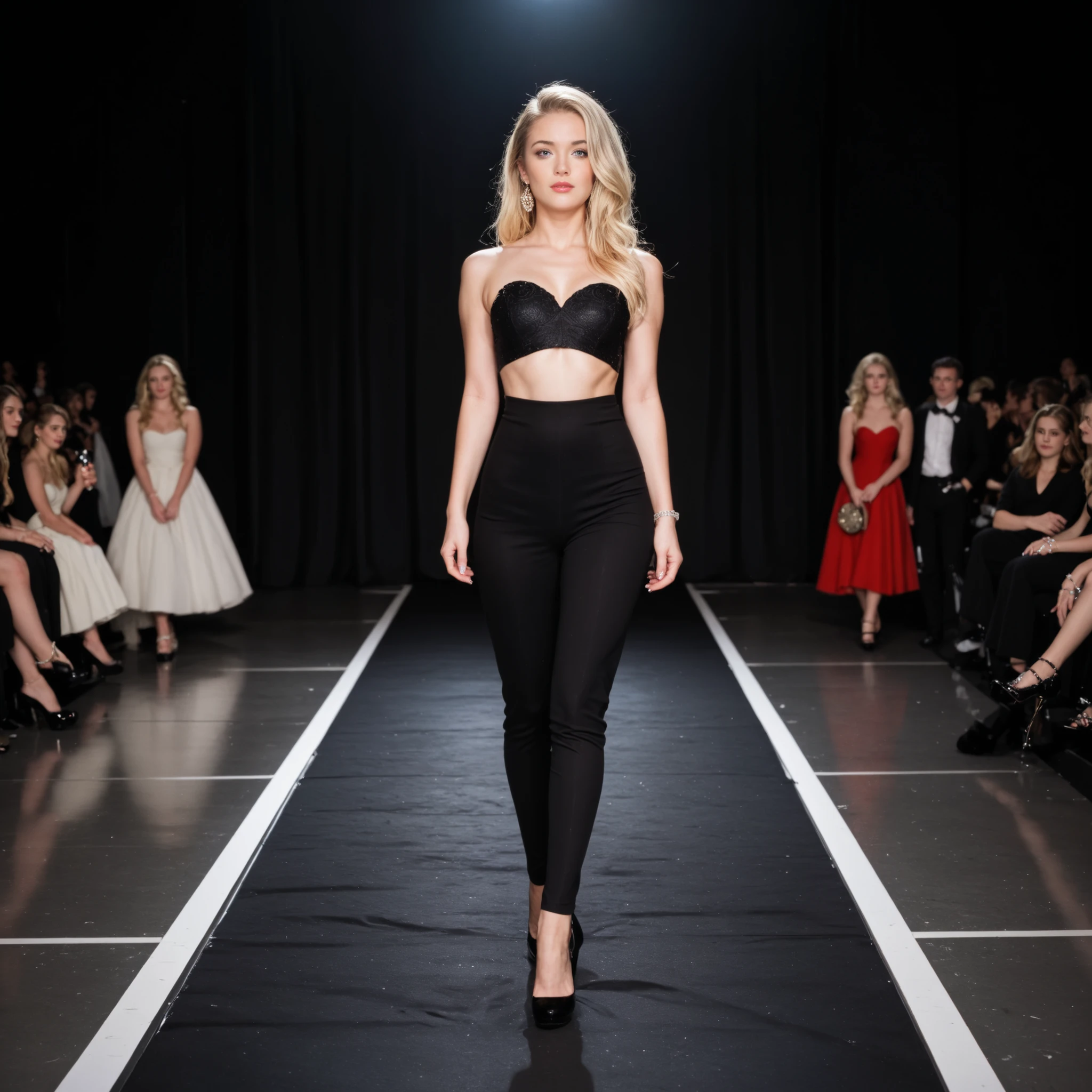 Beautiful 25 year old blonde woman, wearing a thin black outfit, walking on the runway, fashion show, 16mm photography, film photography, realistic, dark lighting