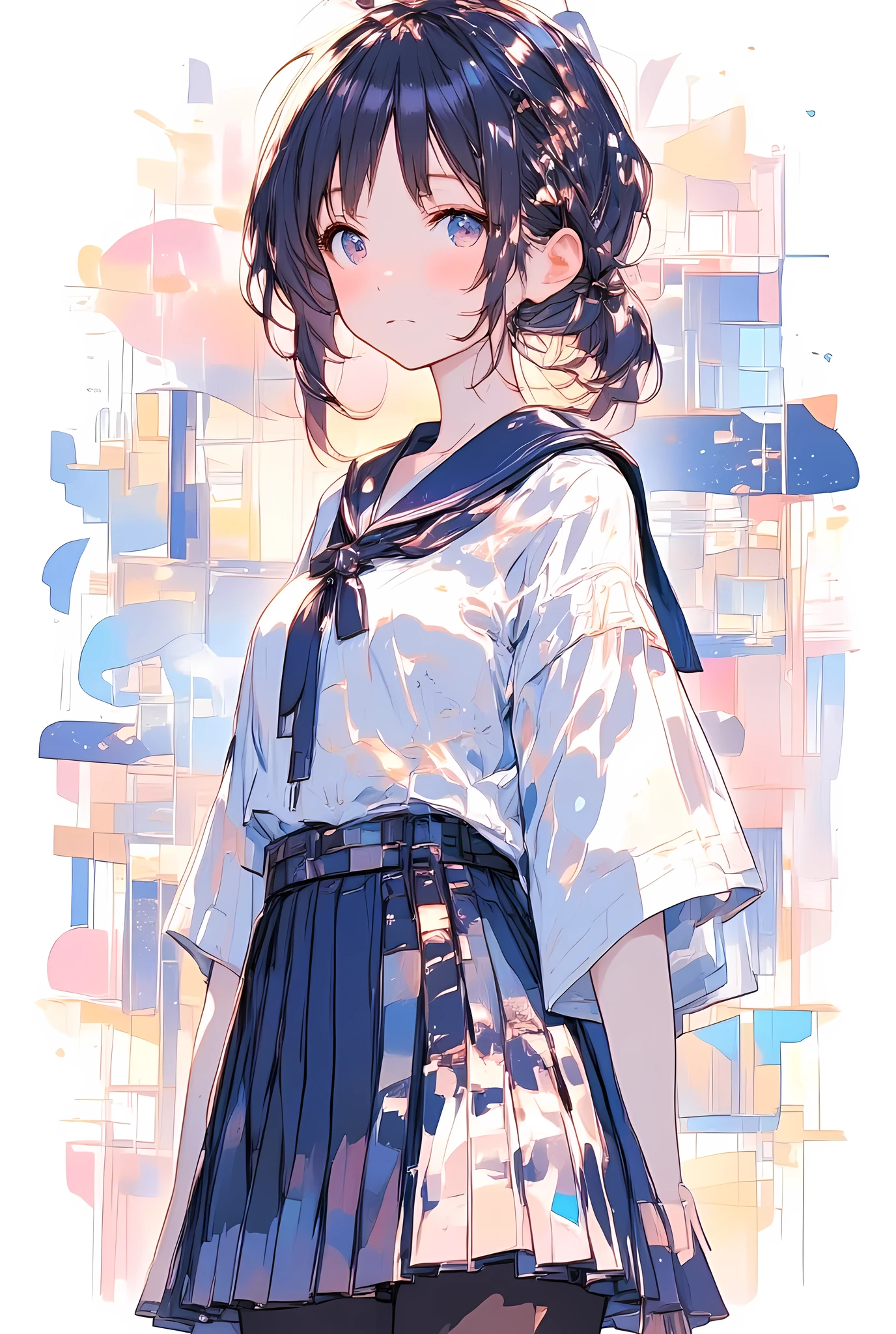 a full-body illustration of a stylish high school girl wearing a fusion-style school uniform combining traditional Japanese clothing and modern sailor elements,
her outfit features a short white kimono top with a deep navy blue sailor collar, tied at the waist with a slim modern obi-style ribbon,
the sleeves are slightly flared and lined with subtle patterns, and the skirt is pleated like a classic uniform but incorporates traditional textile motifs,
she wears black tights and loafers, and her long hair is styled neatly with a small ribbon,
the background is softly lit with a subtle abstract setting, allowing the uniform design to stand out clearly,
the image is drawn in a clean anime-style with fashion illustration elements, elegant linework, soft gradients, and a sense of cultural fusion