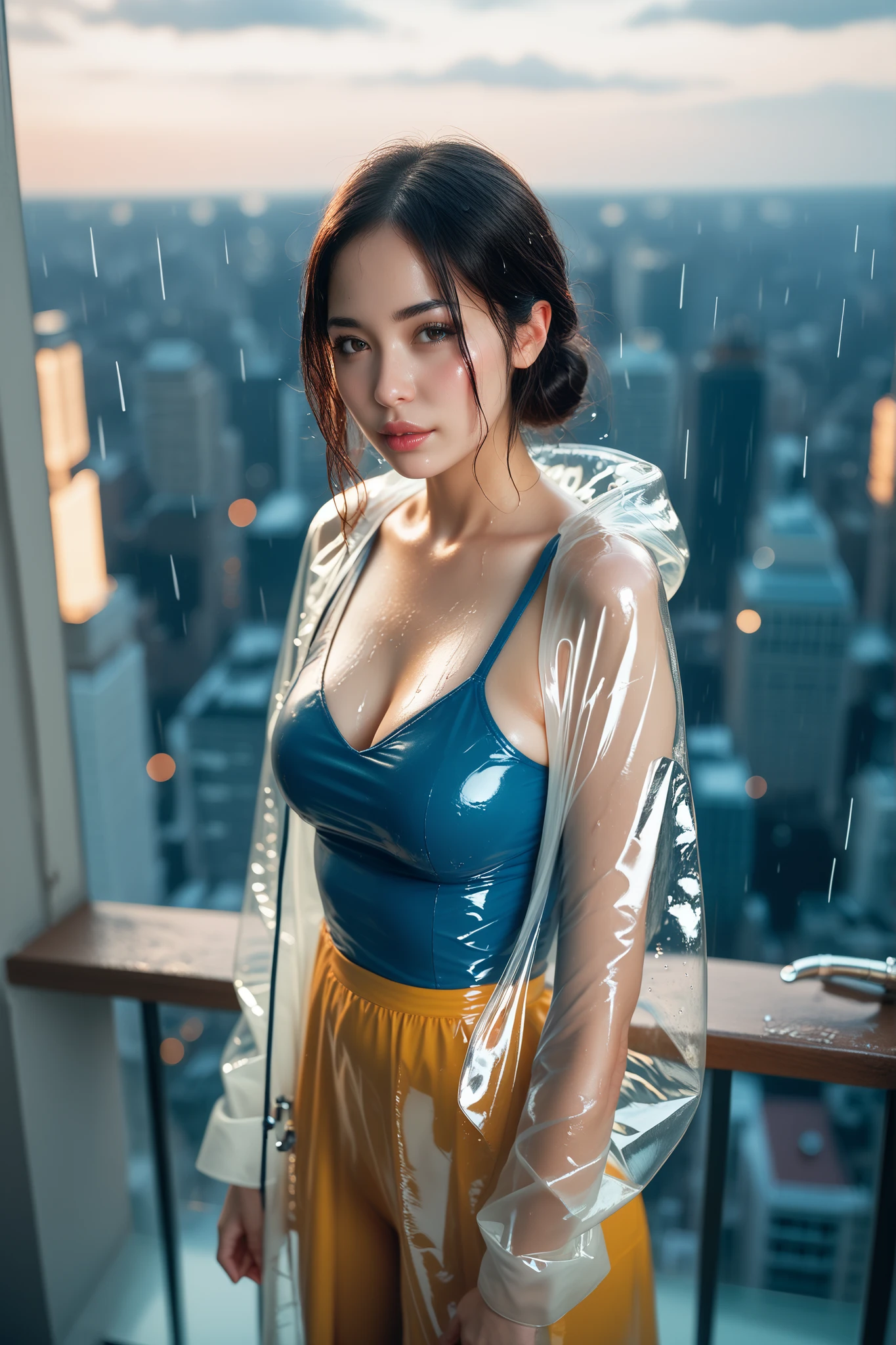She walks along the sidewalks of a big city lined with buildings ,drenched, Dripping, Wet Face,Wet clothes, Wet Skin, Wet Hair,A young woman with a cute face like an idol,Smiling Kindly,((Cleavage)),(((A dress that melts and disappears when it gets wet))),(((A melted and tattered dress))),((Full body portrait)),RAW Photos,Genuine,Genuine,High resolution,RAW Photos,masterpiece, beautiful