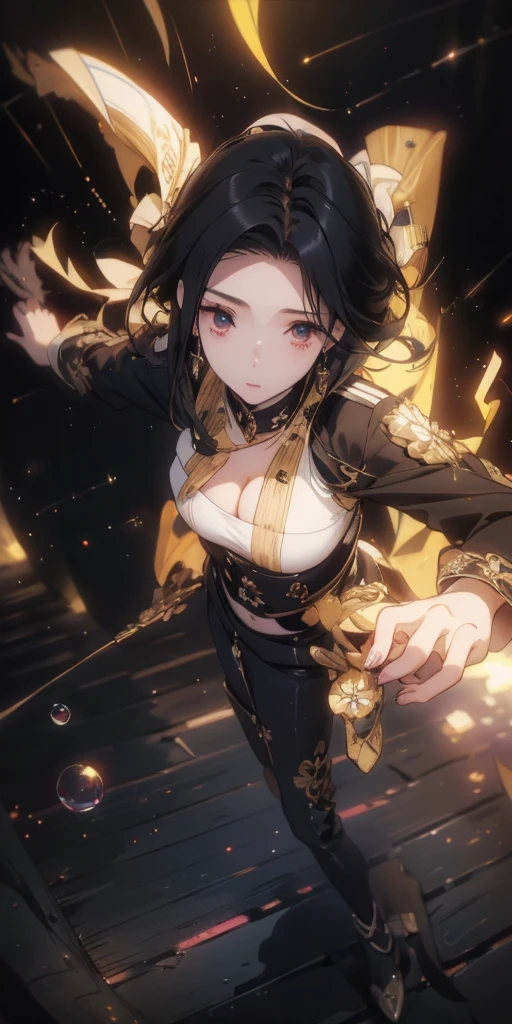((Highest quality)),(Ultra-high resolution),(Super detailed),(Detailed Description),((The best CG)),(masterpiece),Highly detailed art,(Art with precise detail:1.5), (A woman wearing a neatly tailored suit:1.6),(Handsome face:1.3),Confident expression:1.3,(Enamel pumps:1.4), (Stand on the magic circle of fire:1.5),(Rising flames:1.6)