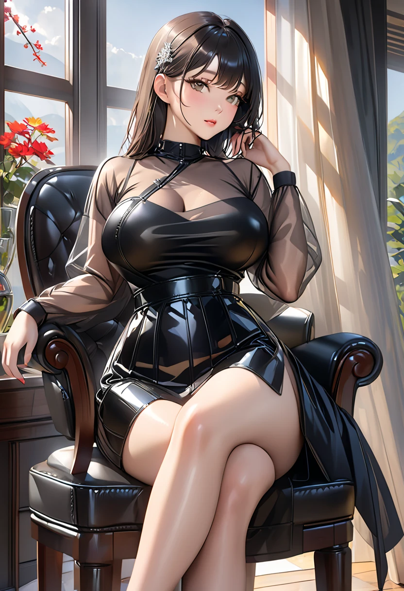 (Highest quality,4K,High resolution,masterpiece:1.2), (Very detailed), (Slender beauty)(Age 27)Sitting with legs crossed,Full body,Sexy Dress,I can see her panties,