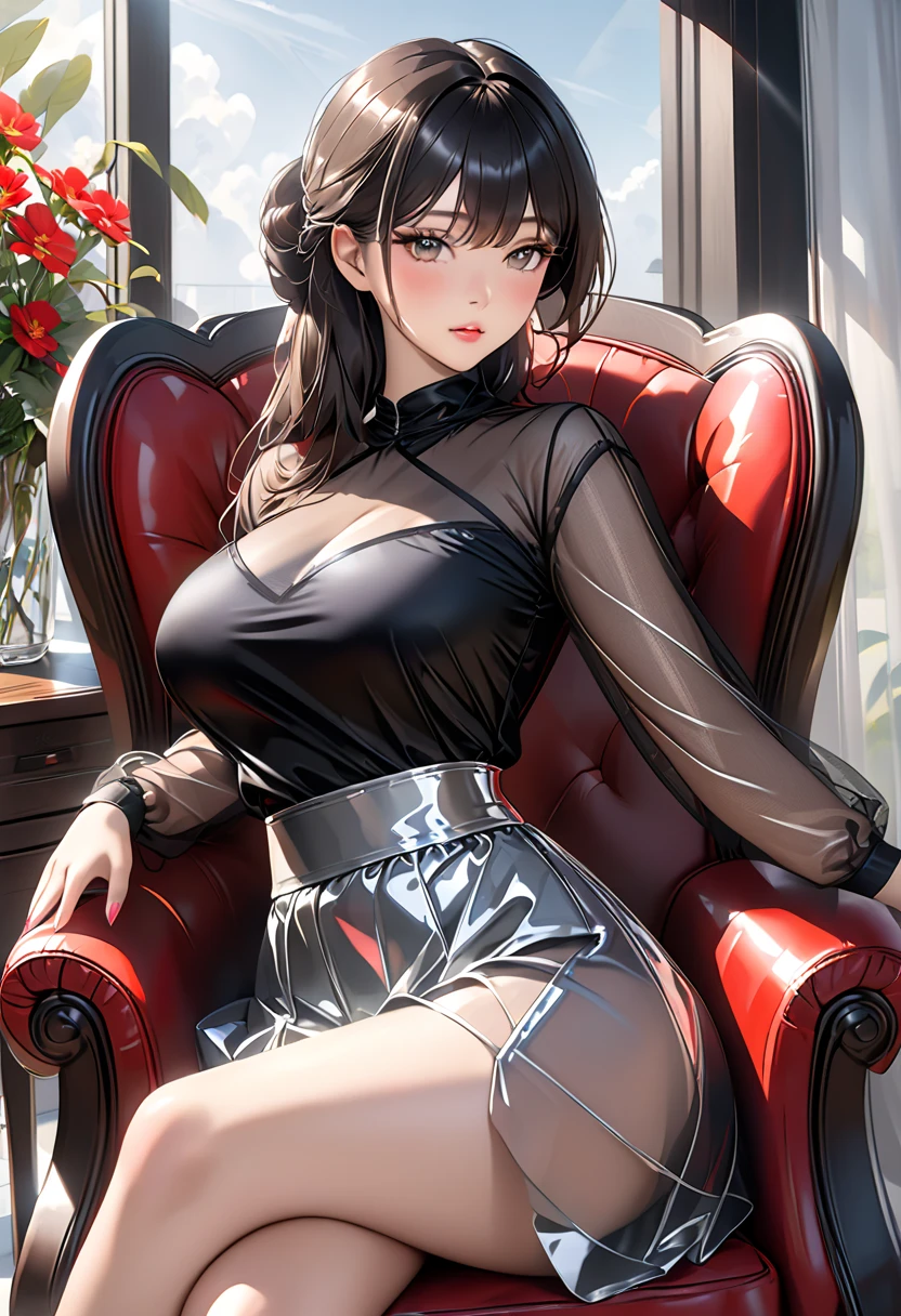 ((Masterpiece, Highest quality)), Detailed face, ， full bodyesbian, Full of details, Highly detailed, Depth, Many parts，Extremely beautiful，High Balance, Natural light,  red eyes, blush, highlights, glossy lips,  ((face forward)), smirk, Tifa lockhart, latex, brown hair, dark brown hair, ((brown hair))