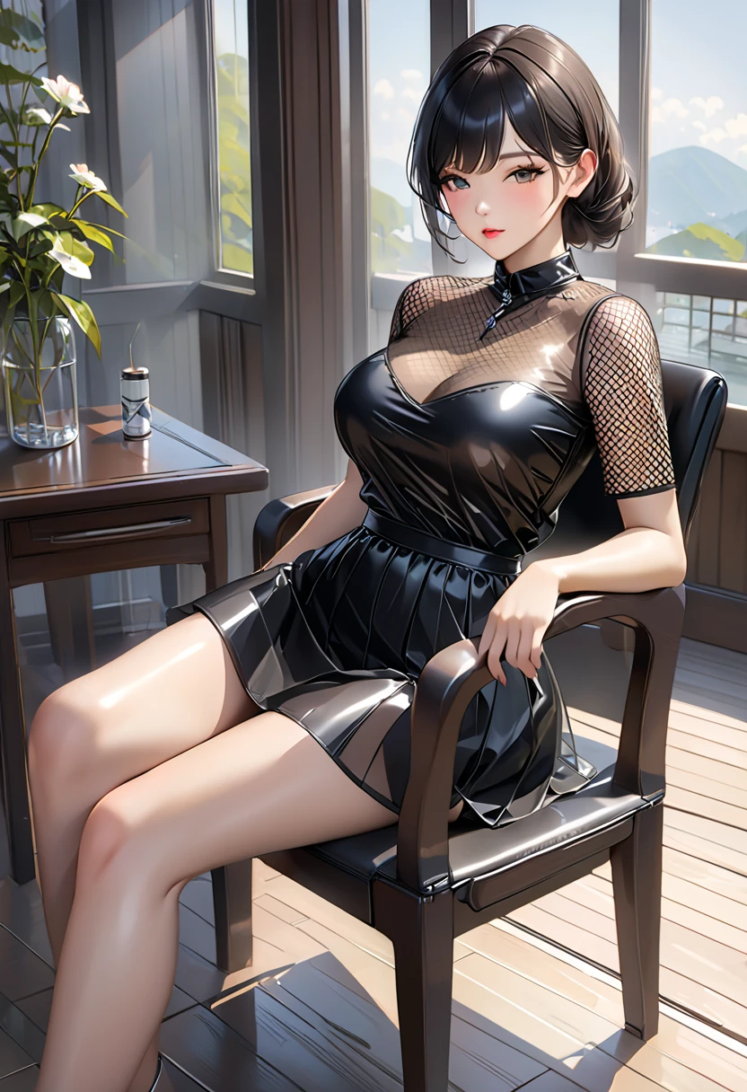 Wearing a black dress and sitting on a chair, prety woman,fashion modell, Transparent gray skirt, Mesh Shirt, Chrome clothes, shiny silver, You'lucky,tits out,small tits, Best Quality, masutepiece, 超A high resolution, Realistic,
