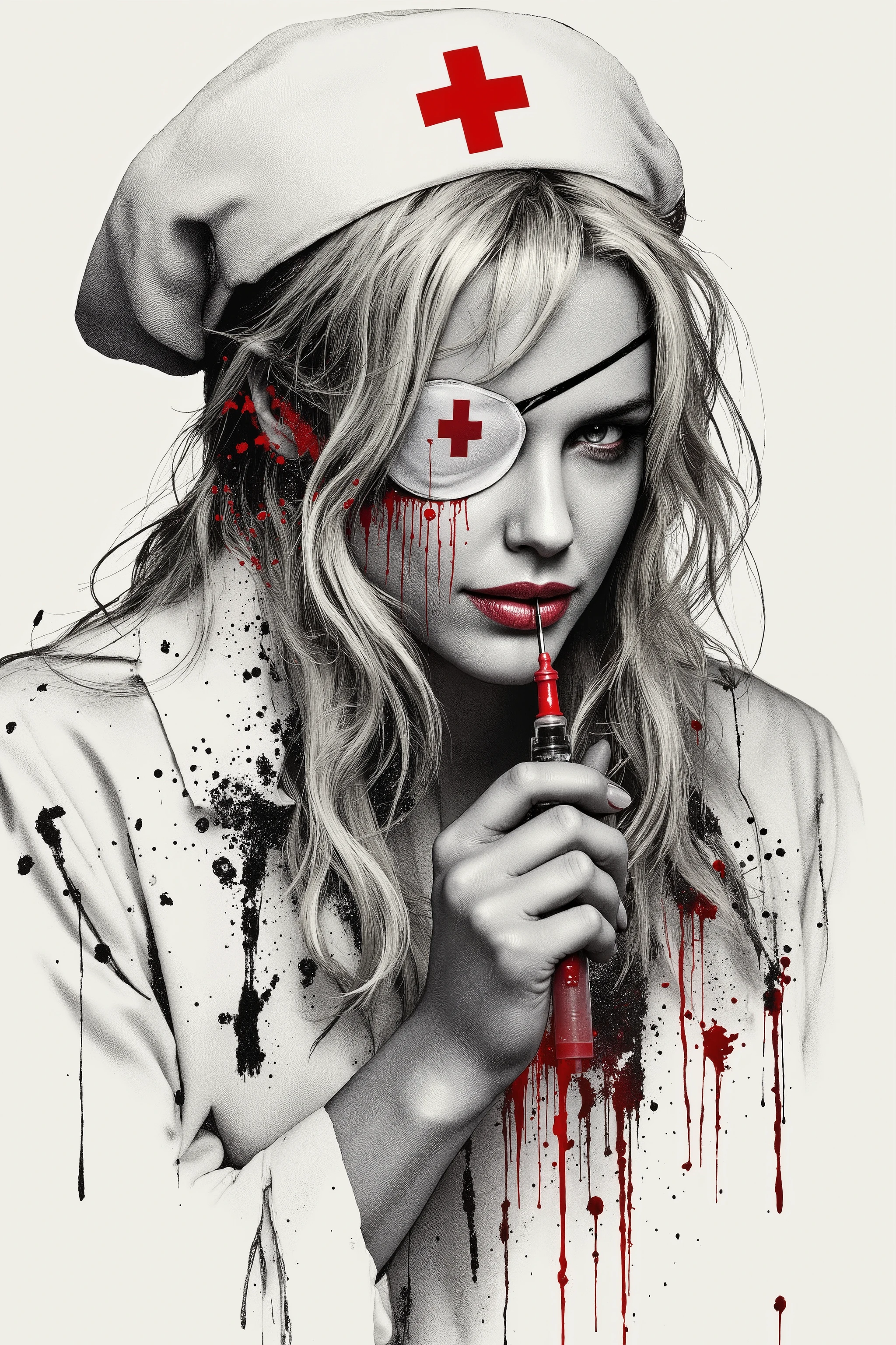 complex double exposure of high quality, Blonde nurse with a white eyepatch with a red cross covering one eye, she's wearing a white short nurse's robe and bonnet. Sexuality-themed ink sketch featuring thrash polka style, in double exposure a syringe of red medicine in his hand. She has an insanely beautiful smile, a dynamic pose. blots and drops, mimicking visual flair of Brian Bolland and Chris Bachalo, with a pervading grimdark atmosphere, rendered as a digital painting, evoking a sense of madness and seduction, dramatic lighting, high contrast, intricate linework, monochrome with splashes of red, digital painting, ultra fine details.. High Resolution, High Quality. inspired by fine art photography and double exposure techniques, masterpiece.
