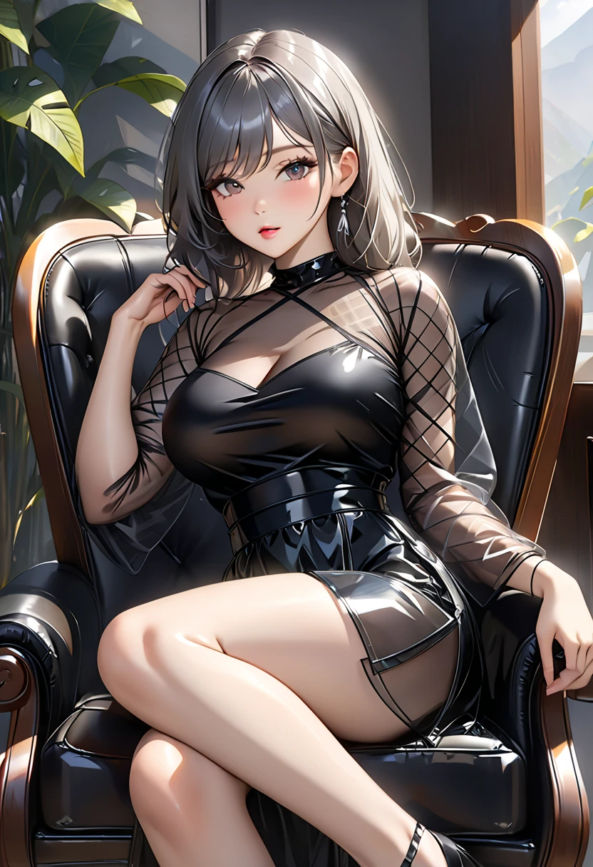 Black penis vibrator in hand, Masturbation Masturbation play,alone、Lewd face　One hand lewdly touches the underwear between her legs　Shy and seductive look　A look of contempt　Sexy Body　Clear Eyes　Round eyes　Sit in a luxurious chair　office lady　Japanese women　Manga illustration　Beautiful and firm breasts　Beautiful E Cup Breasts　the body is slim　Highest quality　4K Chignon Hairstyle　Hair tied up　Medium Long Hair　Light brown black hair　hair ornaments　necklace　Hotel with a great night view　Simple Background　Seductive pose　garter belt　Black lace stockings　Earrings　　flashy necklace　Fine details　Beautiful anime illustrations　Beautiful Face　alone　High resolution, One Girl, Highest quality, Attention to detail, Slightly parted lips　Seductive red lips　Professional, Vibrant colors, Perfect Anatomy, ideal facial features, Ideal Professional Portion Diagram, Perfectly beautiful body, Highly detailed skin, Glowing Skin, Glowing Skin, Cleavage, Captivating smile)),Sexy see-through red and black lace bra,Obscene red and black thong, (Attractive 30 year old Japanese widow,）High heels　Miss Soapland　Mature hot body　Sitting in a luxurious chair　Sparkle Effect, Anime Style, photograph, Attractive nail art　Dimly lit room　Window with a night view