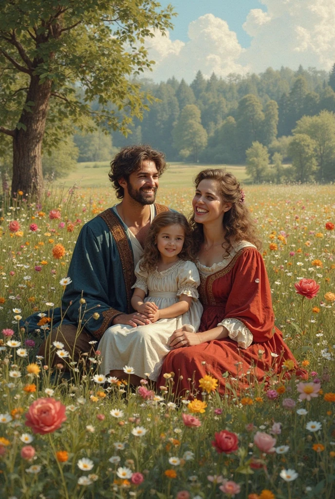 A large family of a brown-haired mother and father with their 4 adult daughters and an adult son soldier baron from the Renaissance era in a happy garden